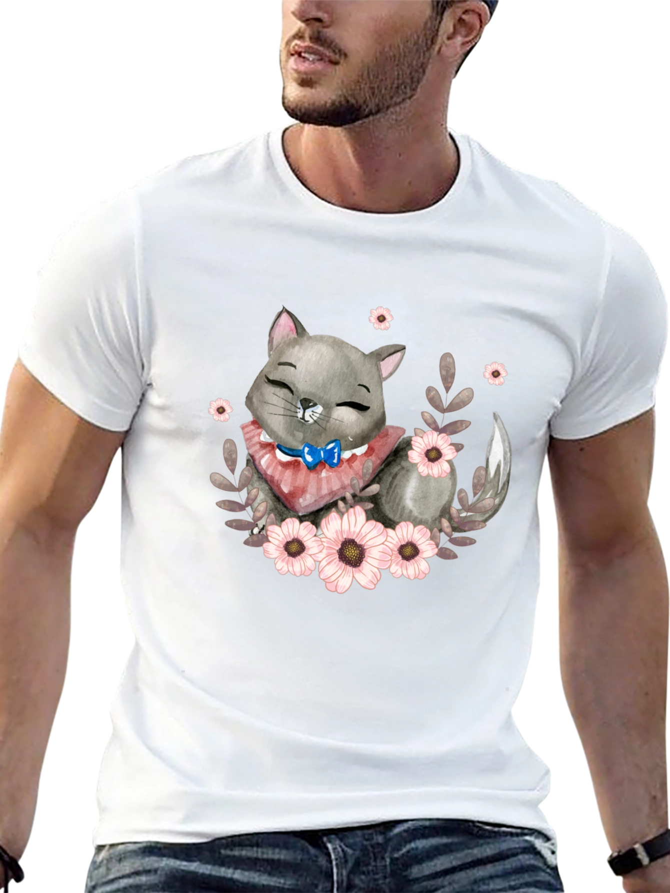 Cute Cartoon Cat Floral T-Shirt