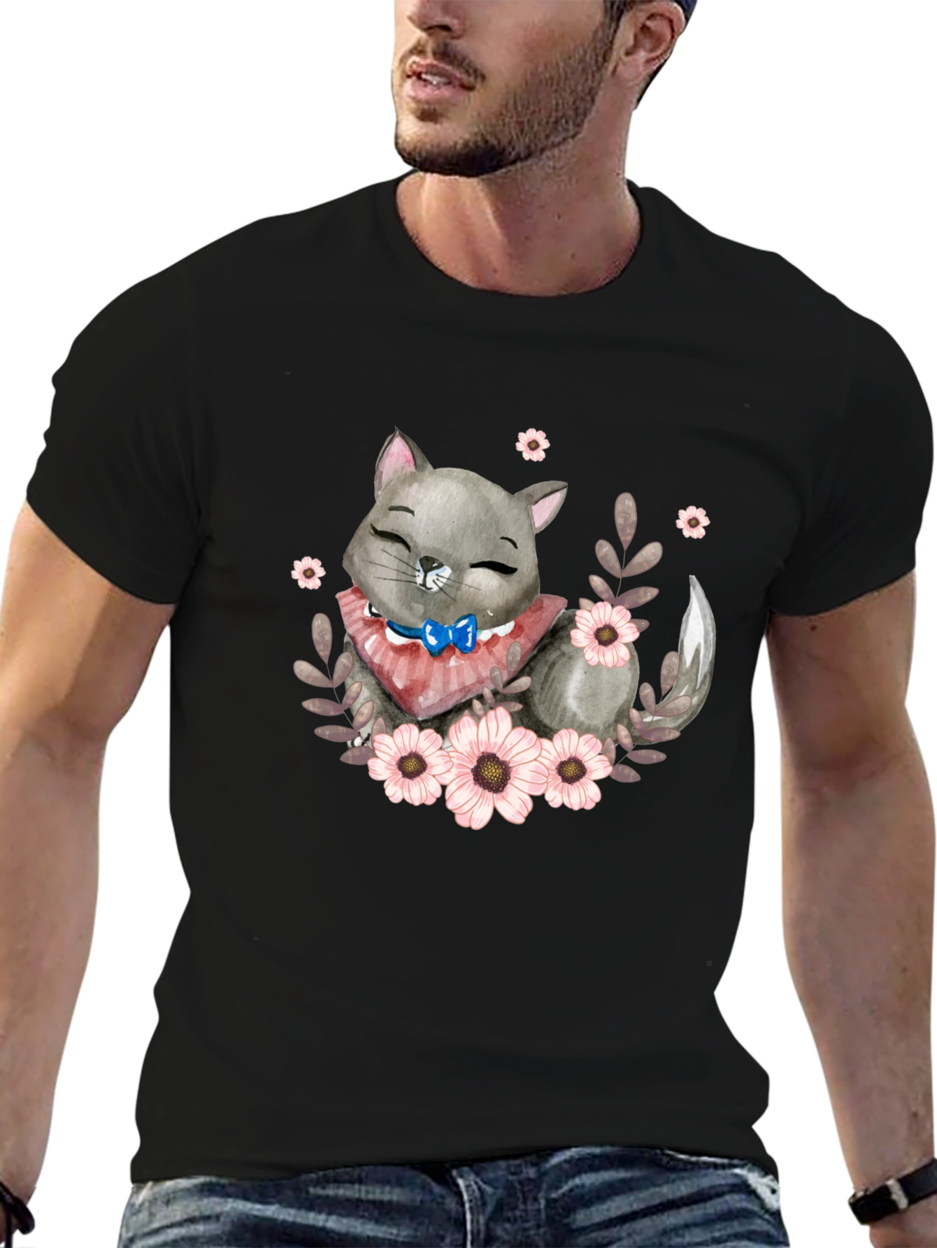 Cute Cartoon Cat Floral T-Shirt