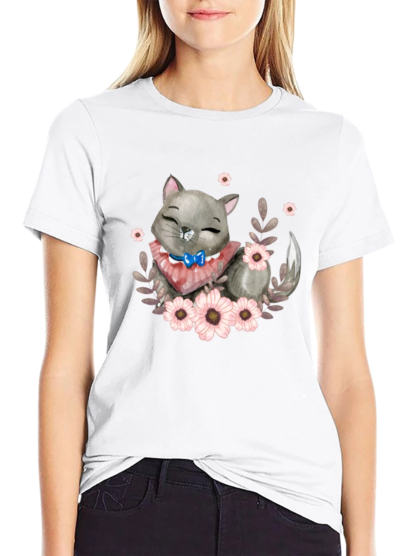 Cute Cartoon Cat Floral T-Shirt