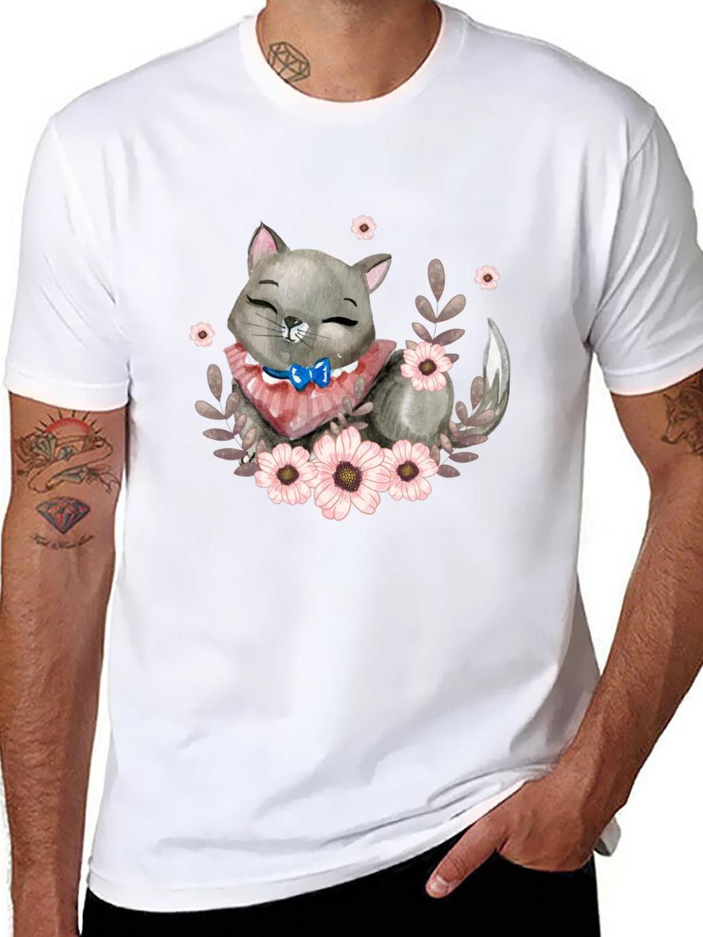 Cute Cartoon Cat Floral T-Shirt