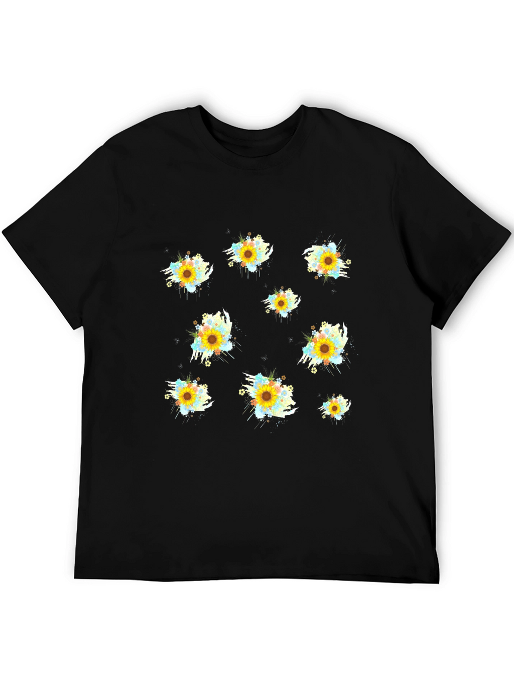 Sunflower Splash Print Black T-Shirt