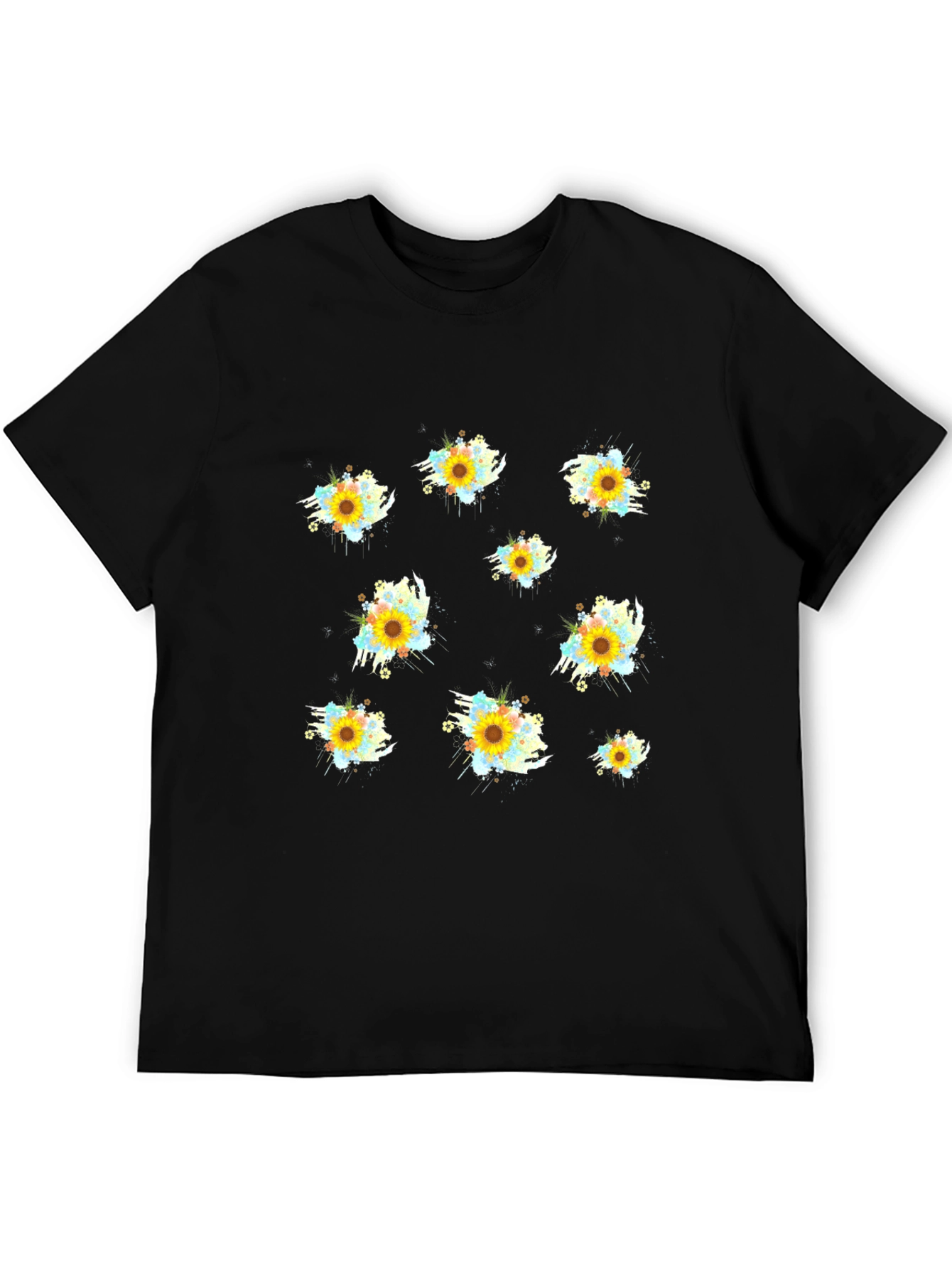 Sunflower Splash Print Black T-Shirt