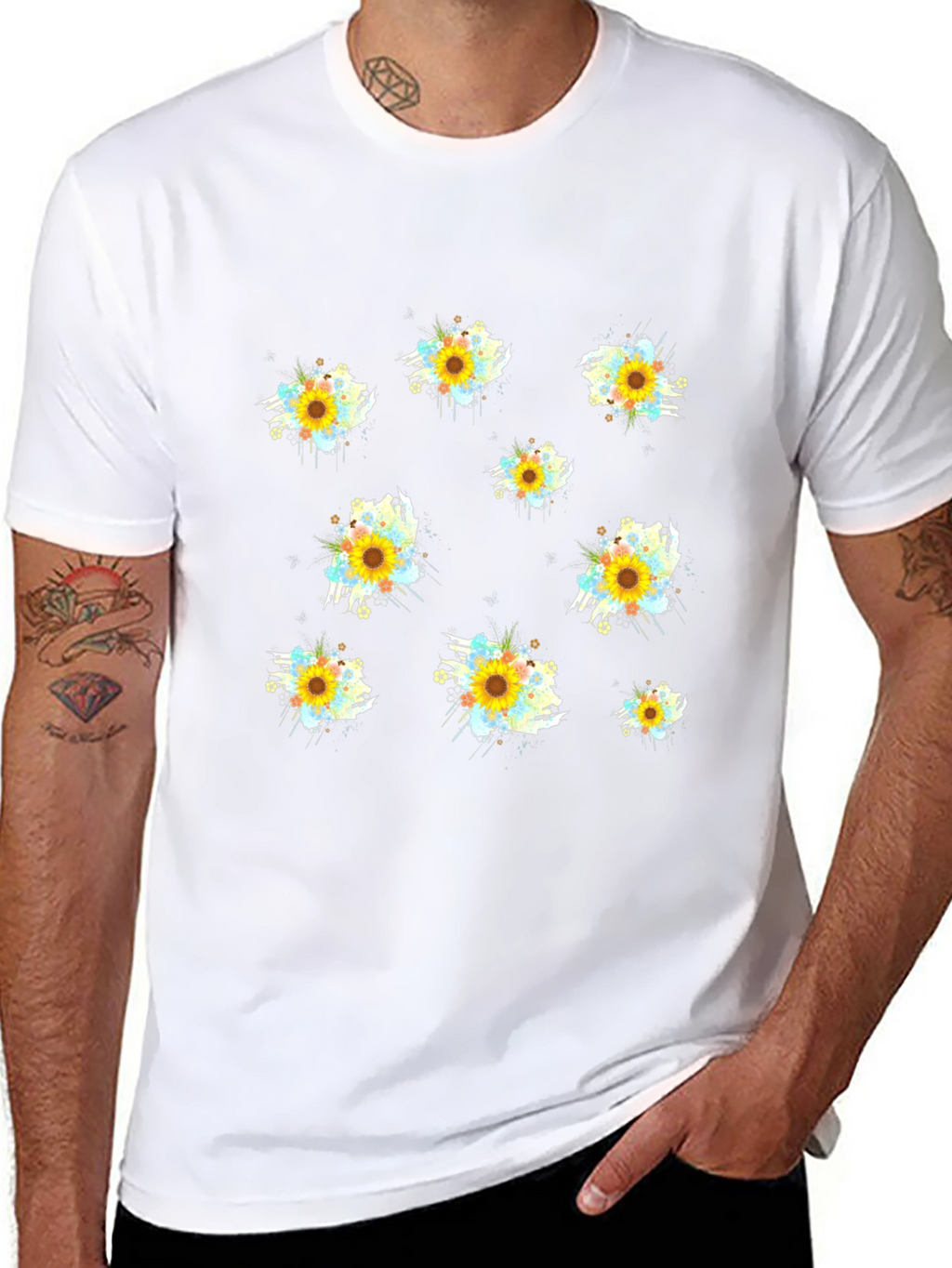 Sunflower Splash Print Black T-Shirt