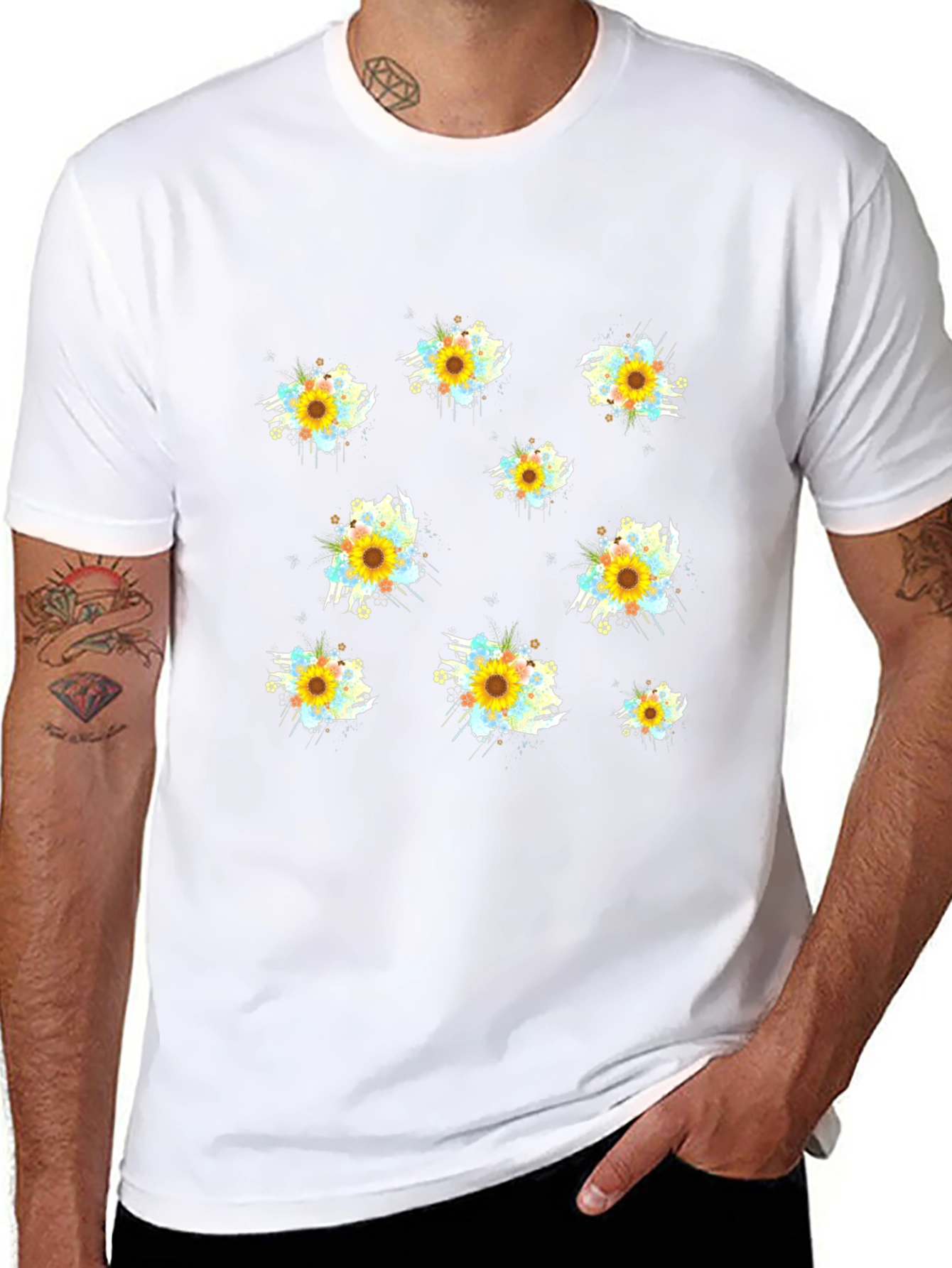 Sunflower Splash Print Black T-Shirt