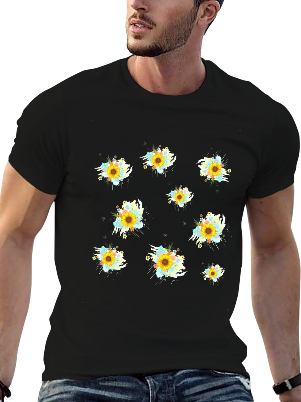 Sunflower Splash Print Black T-Shirt