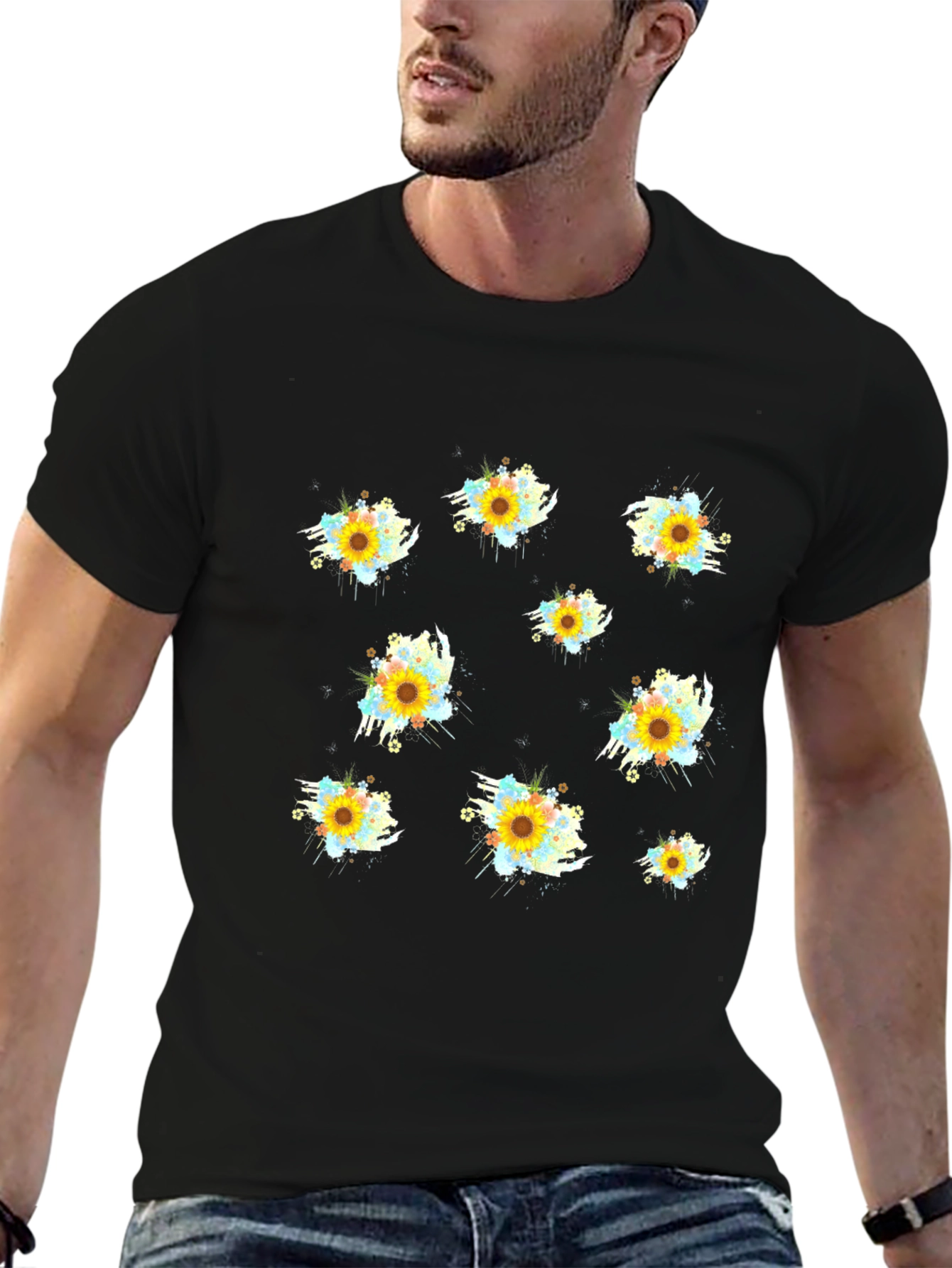 Sunflower Splash Print Black T-Shirt