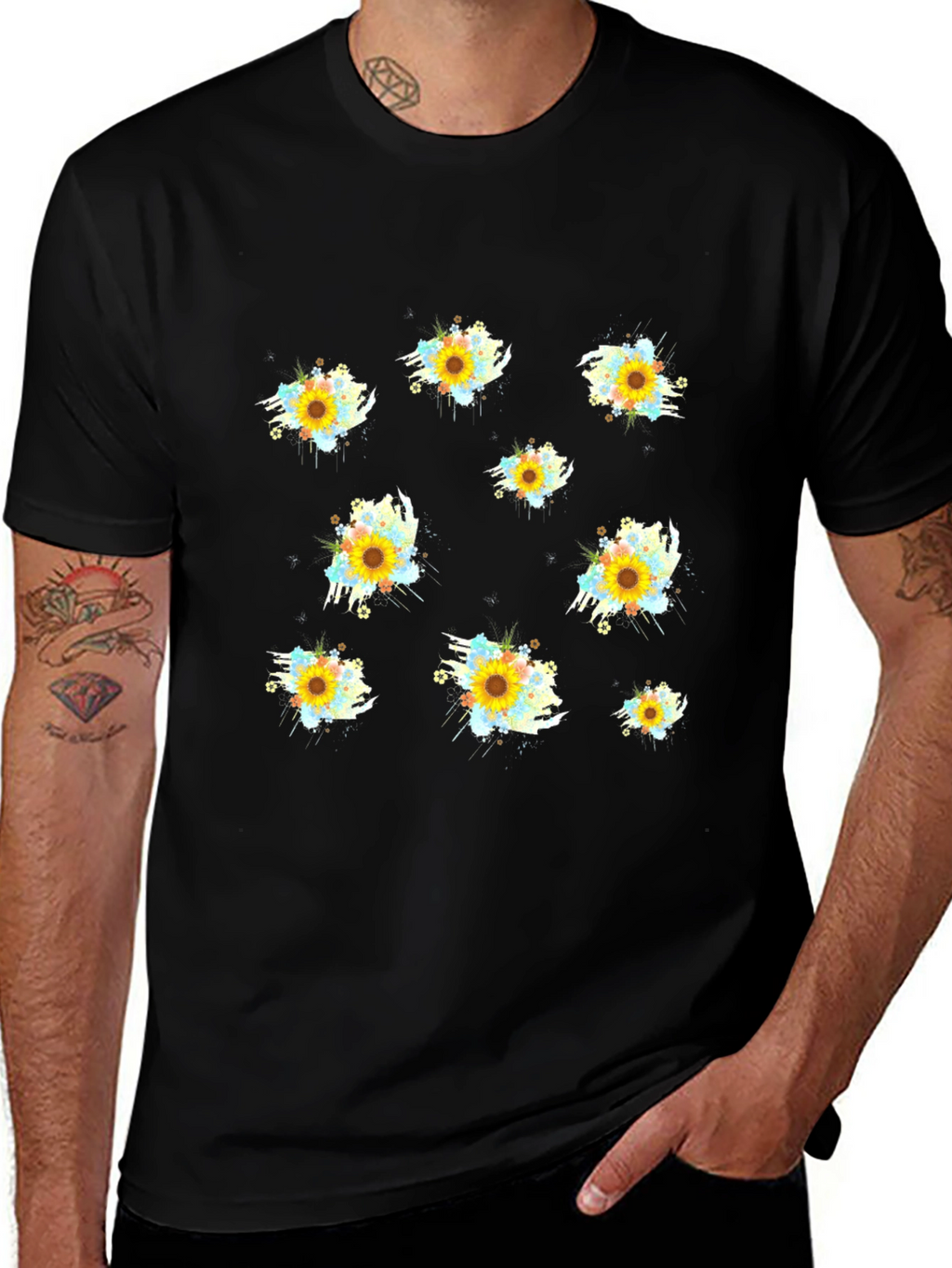 Sunflower Splash Print Black T-Shirt