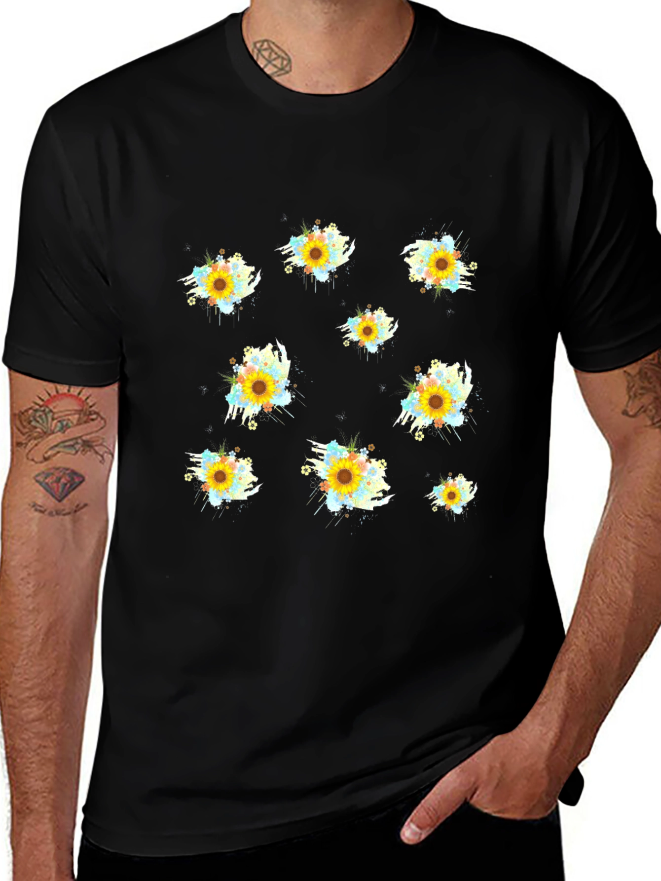 Sunflower Splash Print Black T-Shirt