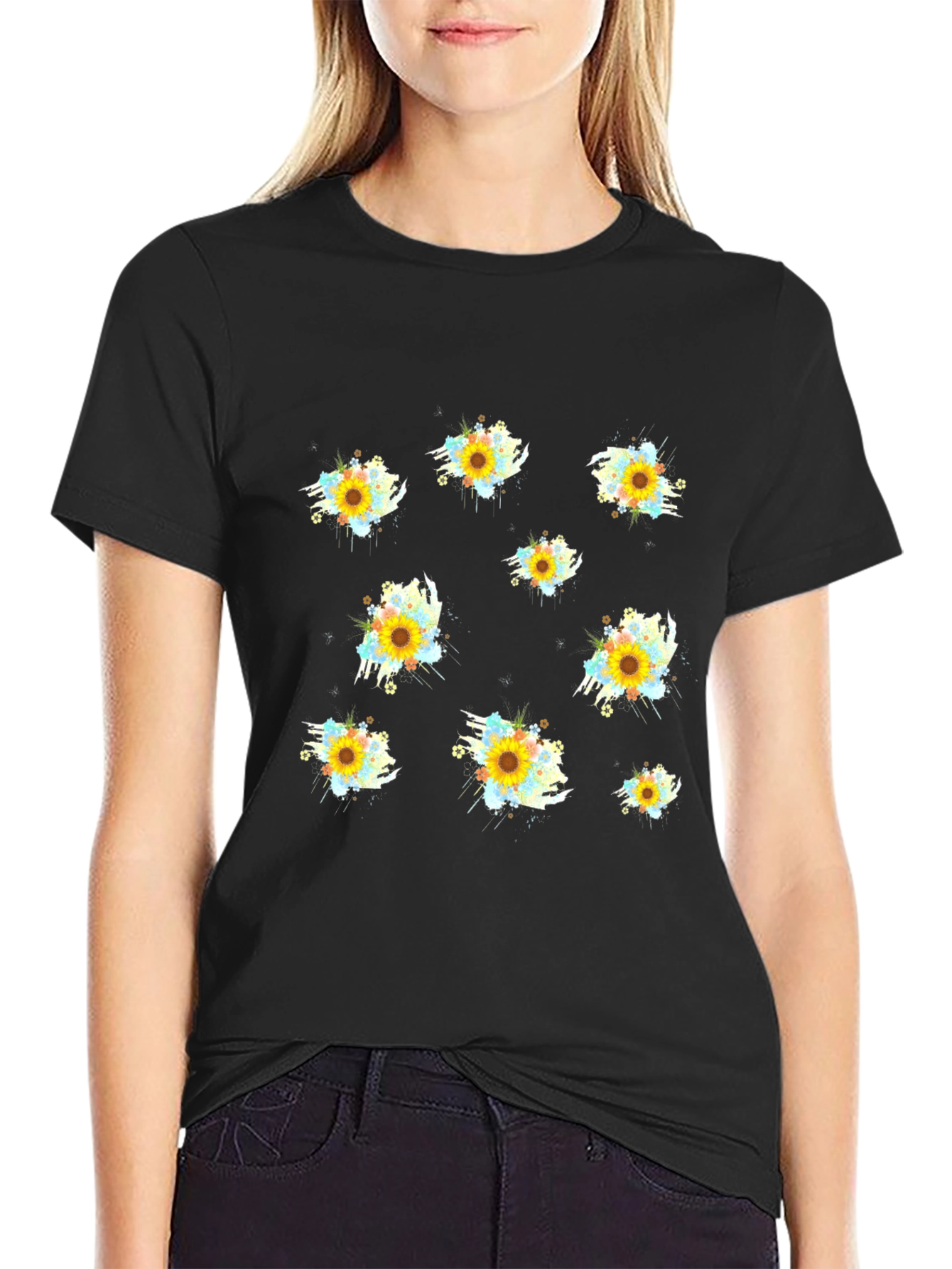 Sunflower Splash Print Black T-Shirt