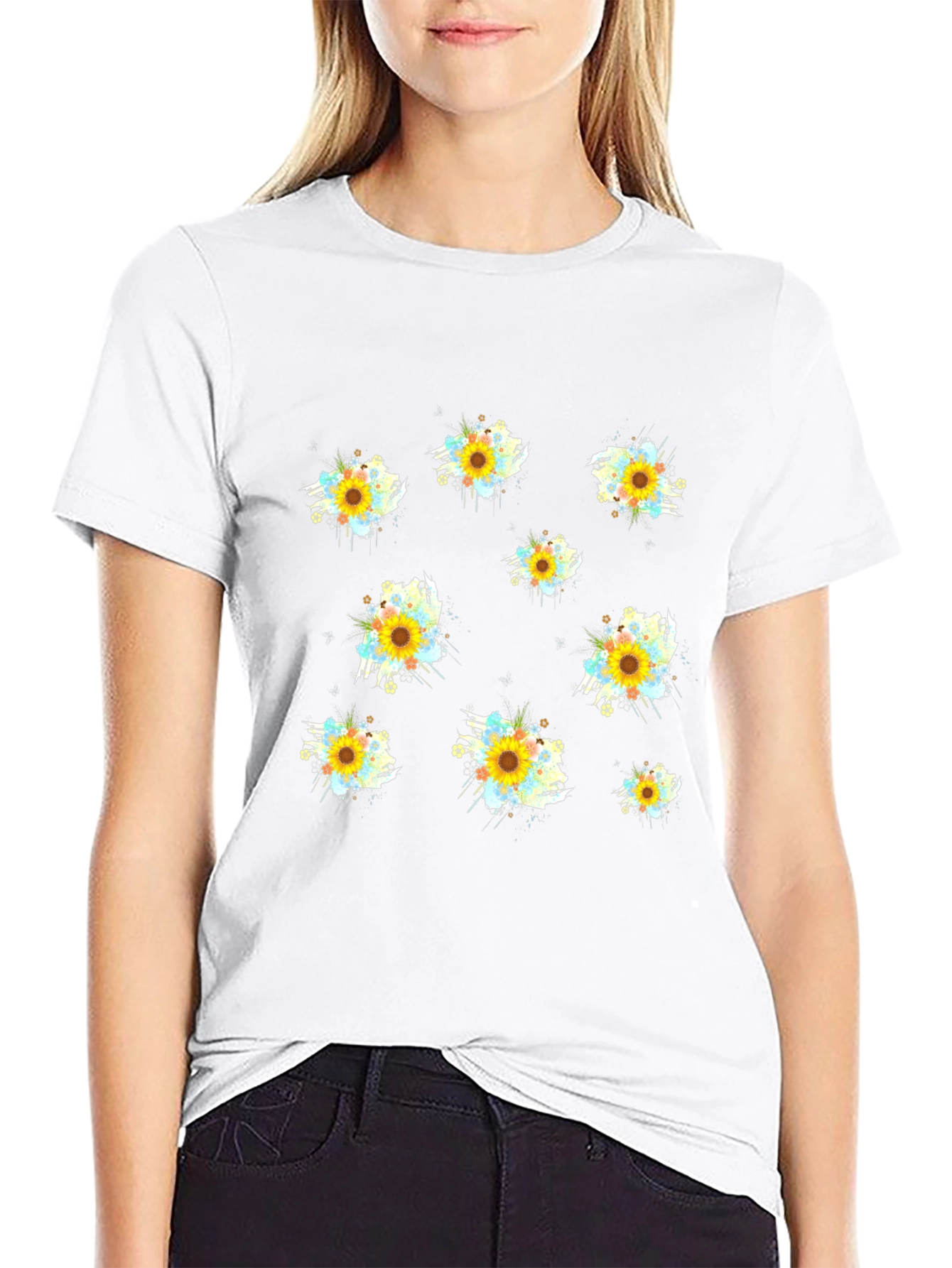 Sunflower Splash Print Black T-Shirt