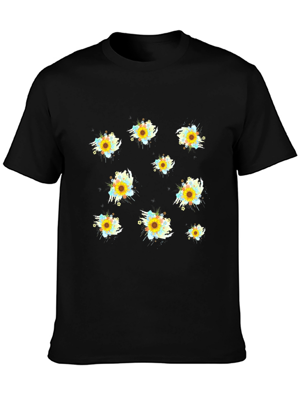 Sunflower Splash Print Black T-Shirt