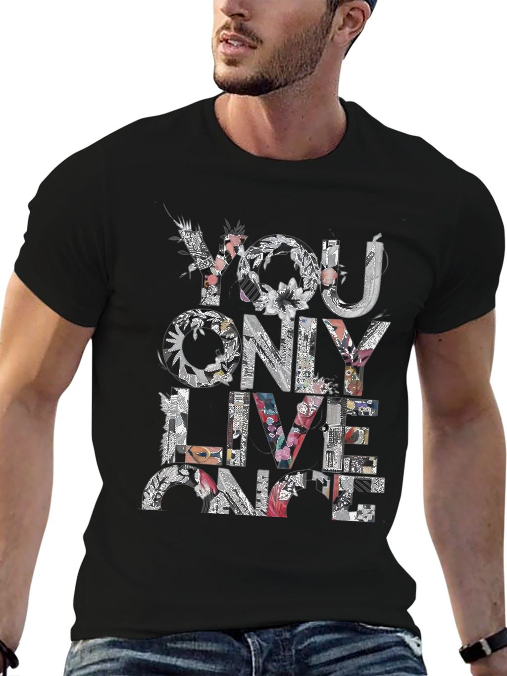 Floral You Only Live Once Black T-Shirt