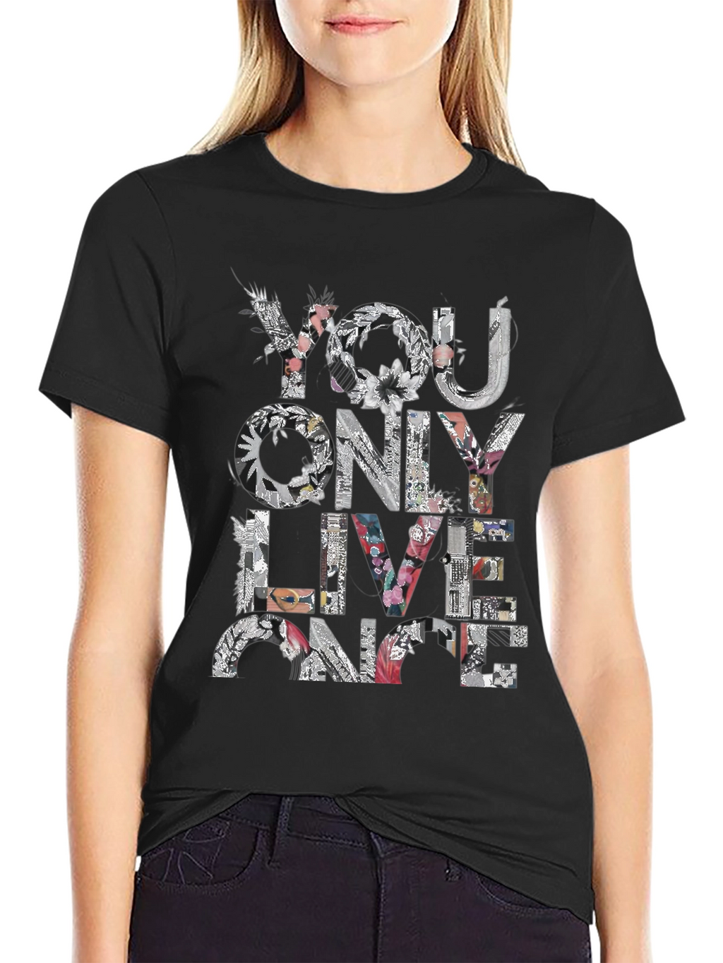 Floral You Only Live Once Black T-Shirt