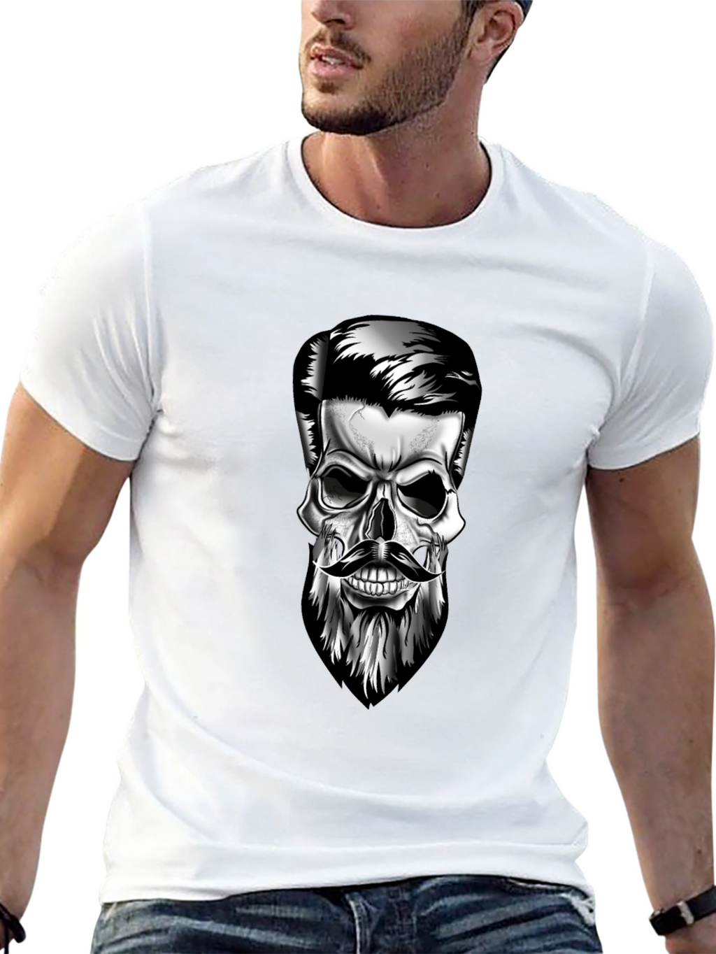 Skull with Beard Graphic T-Shirt - Stylish Mens Tee