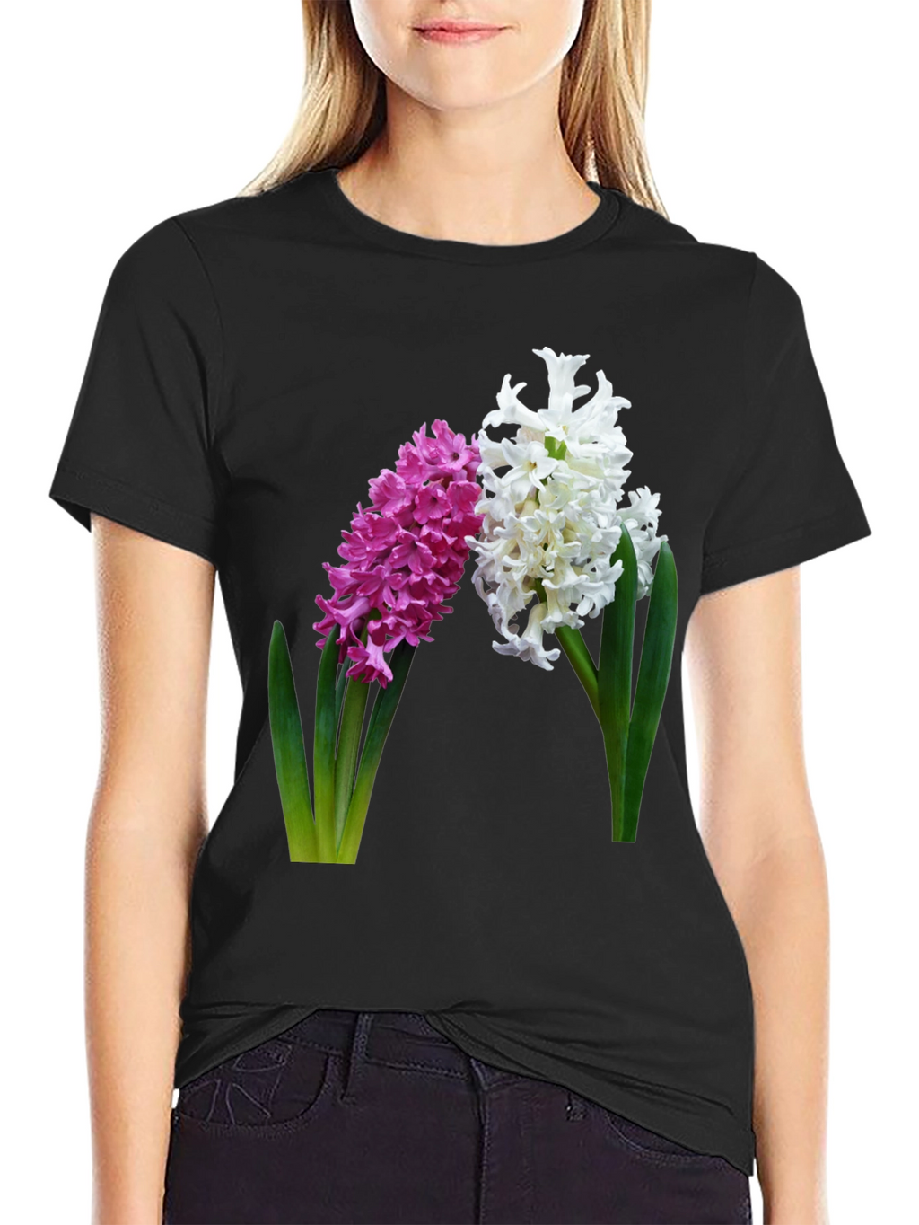 Floral Hyacinth Print Black T-Shirt