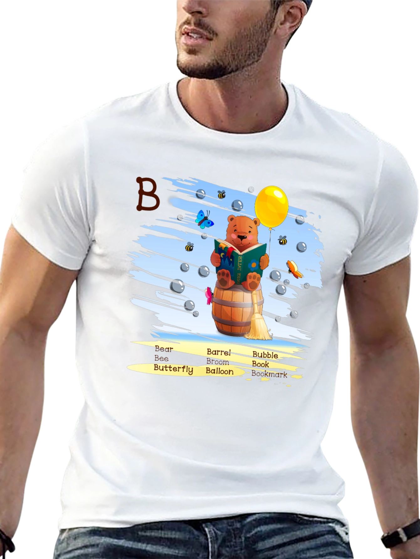 Bear Reading Book on Barrel T-Shirt