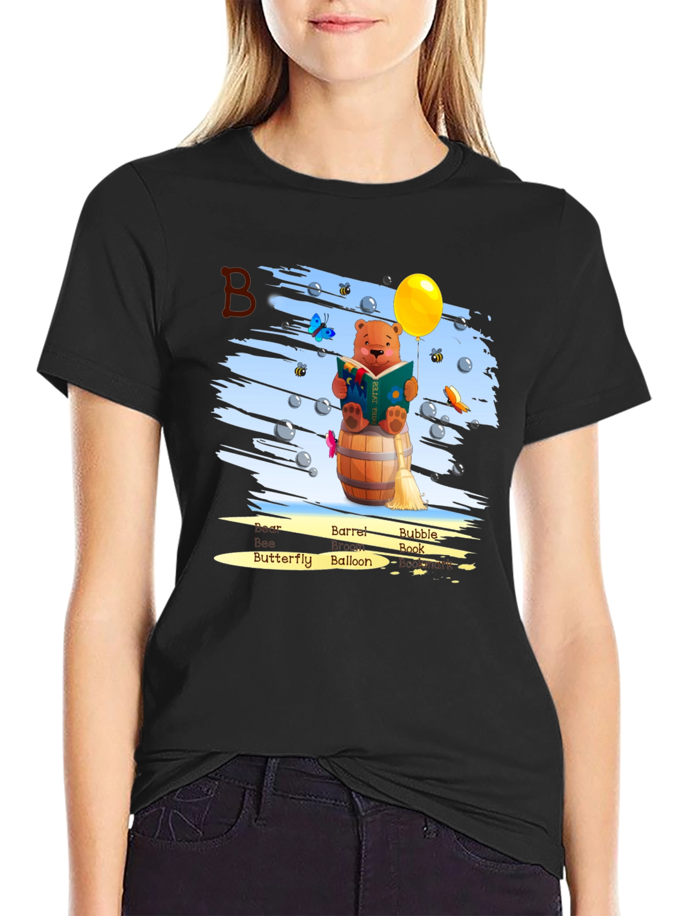 Bear Reading Book on Barrel T-Shirt