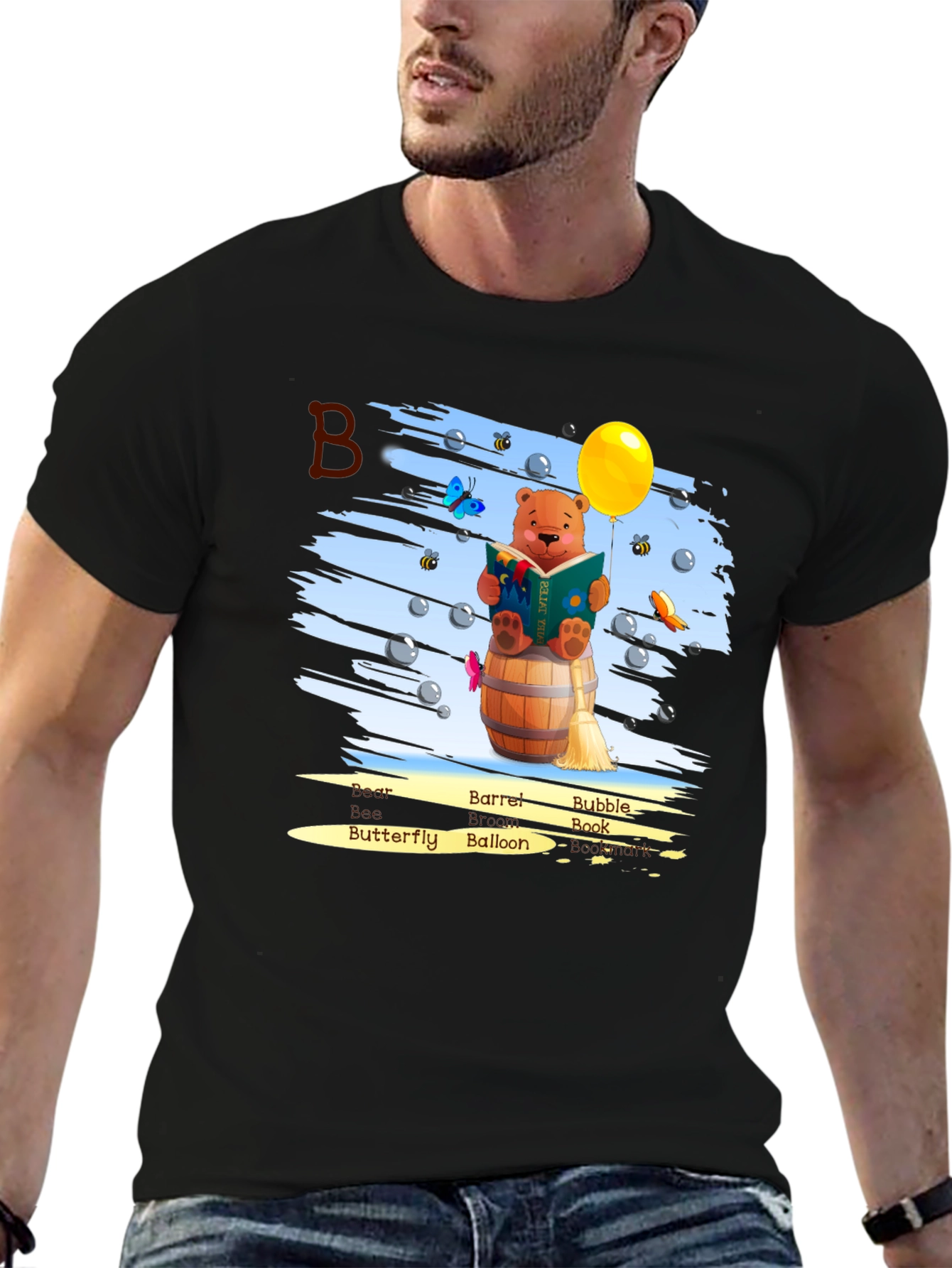 Bear Reading Book on Barrel T-Shirt
