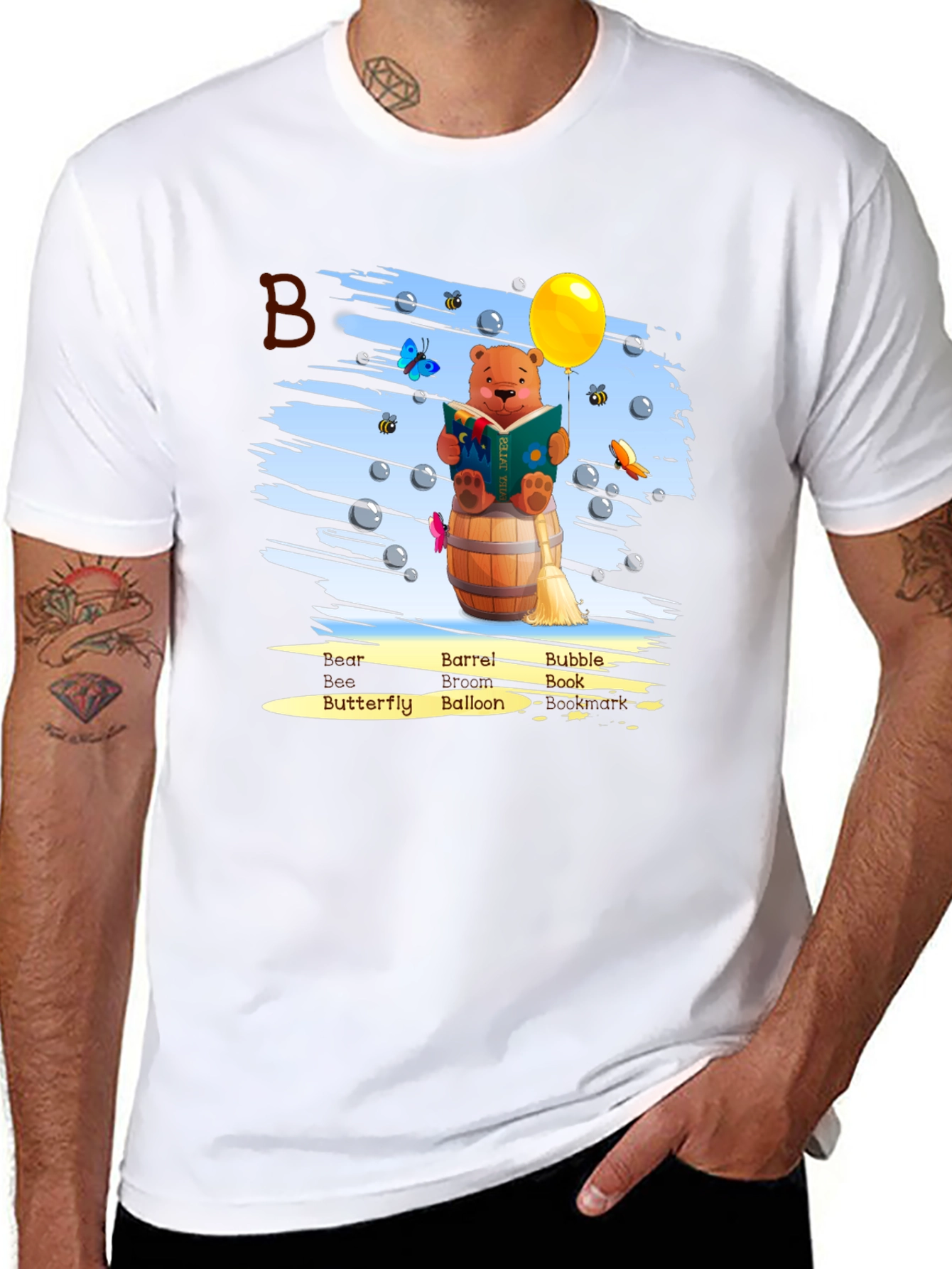 Bear Reading Book on Barrel T-Shirt