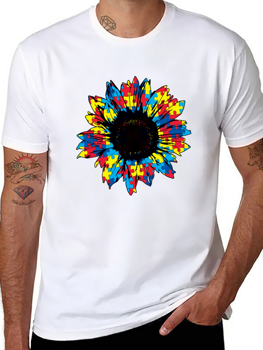 Autism Awareness Sunflower Puzzle Piece Graphic Tee
