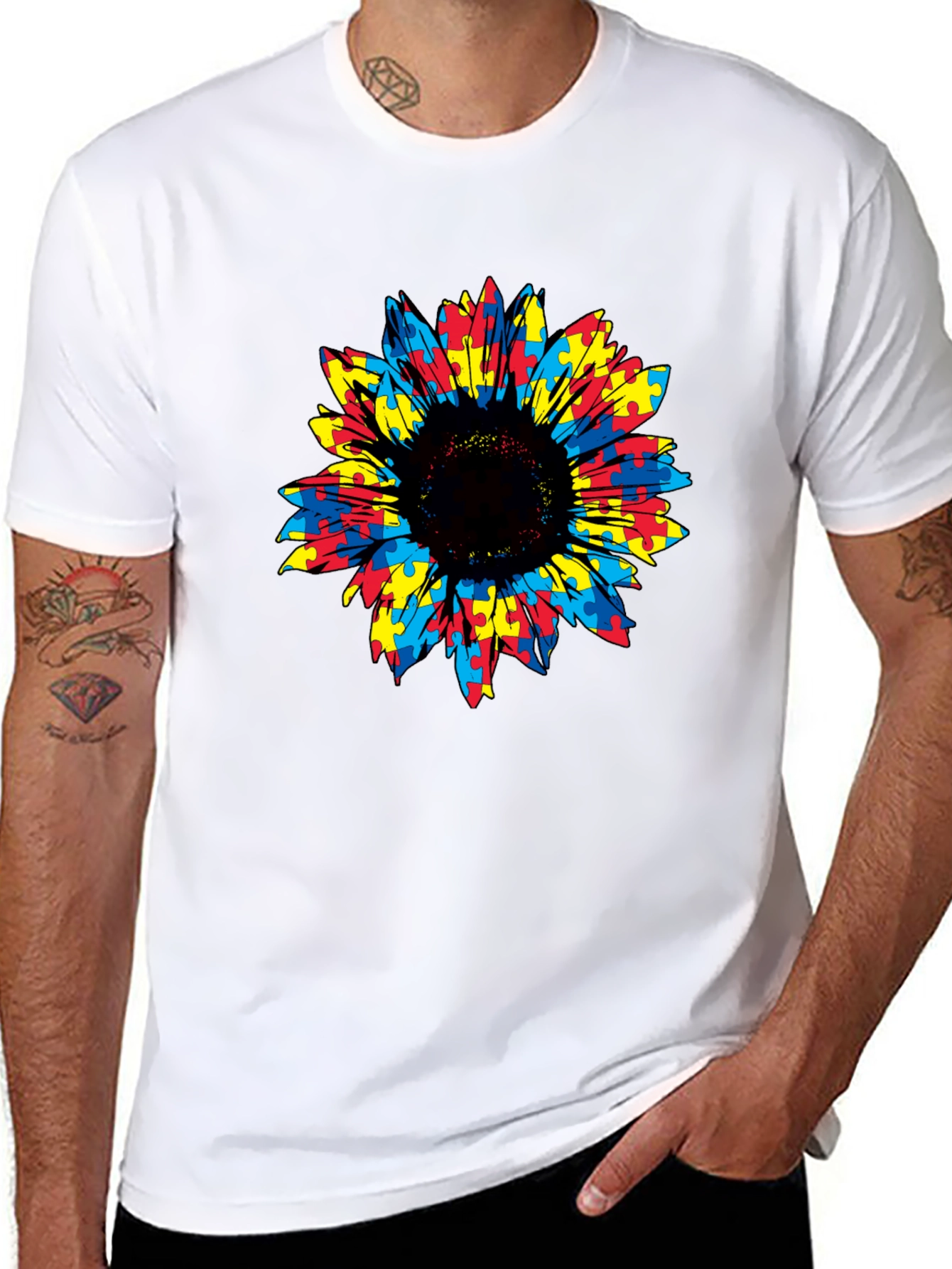 Autism Awareness Sunflower Puzzle Piece Graphic Tee