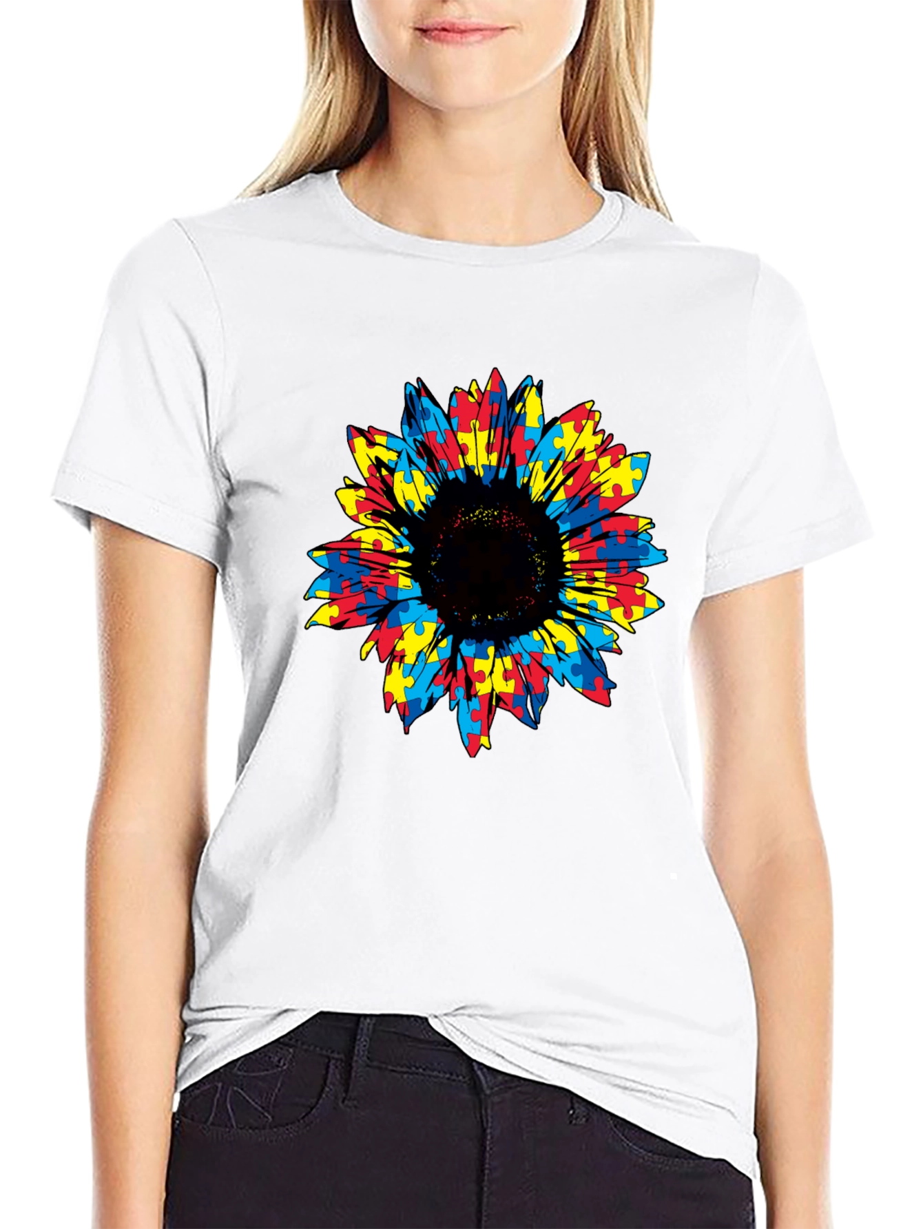 Autism Awareness Sunflower Puzzle Piece Graphic Tee