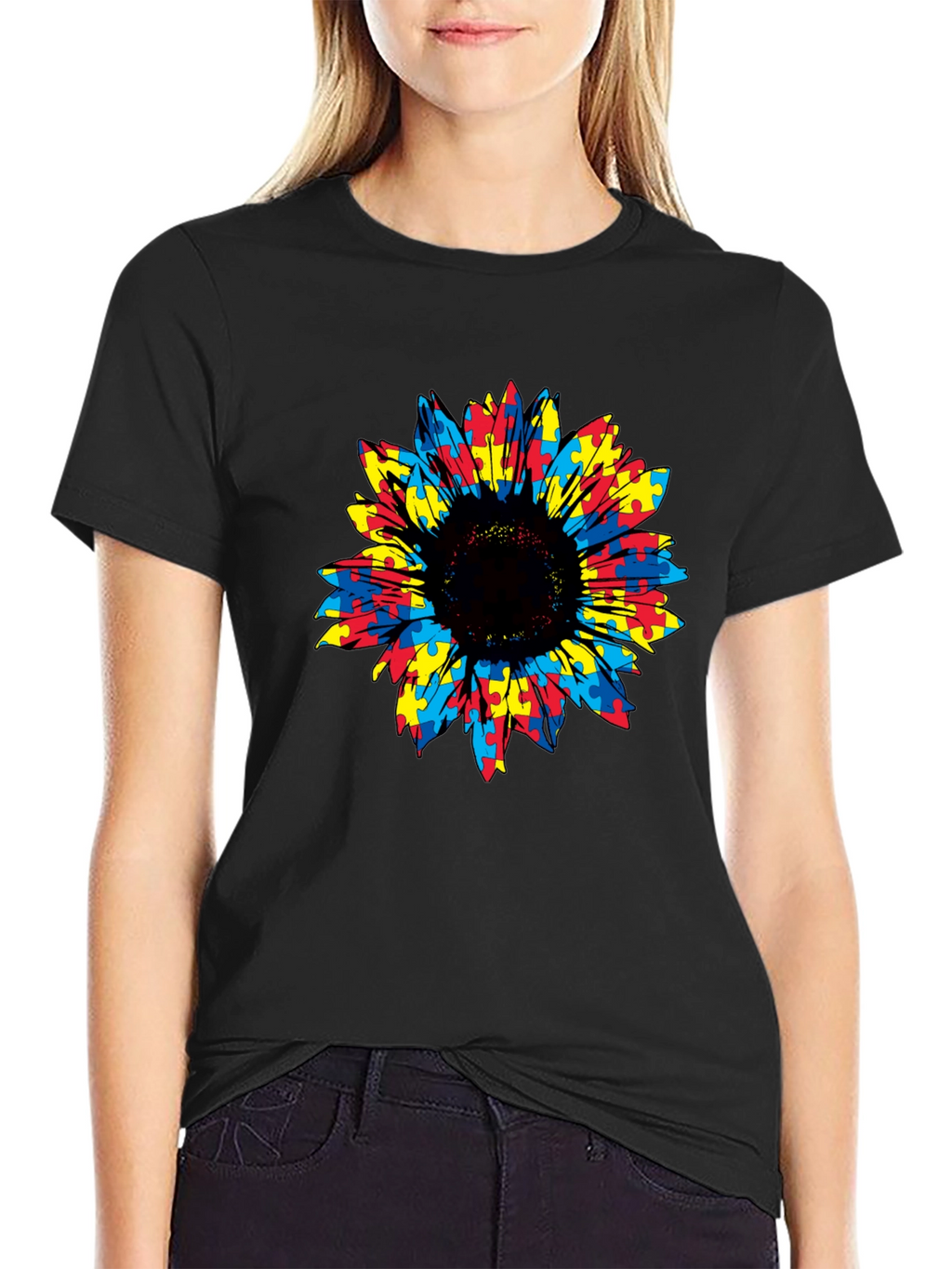 Autism Awareness Sunflower Puzzle Piece Graphic Tee