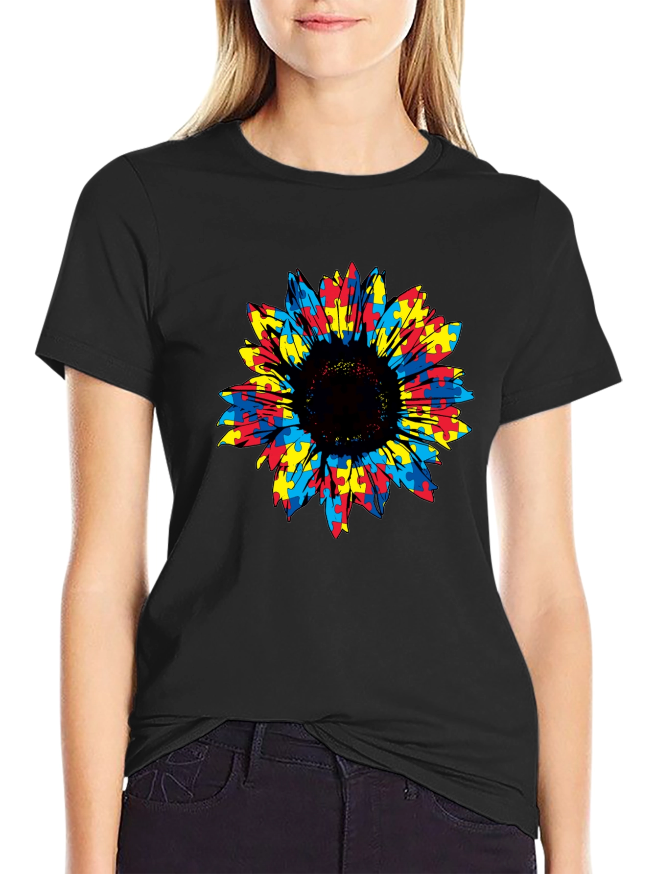 Autism Awareness Sunflower Puzzle Piece Graphic Tee
