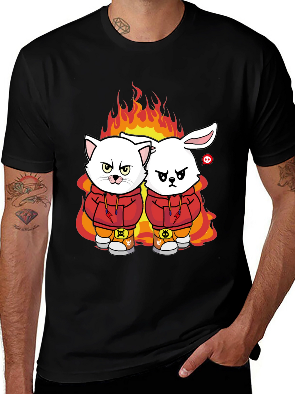 Fiery Friends Graphic Tee - Cat & Rabbit