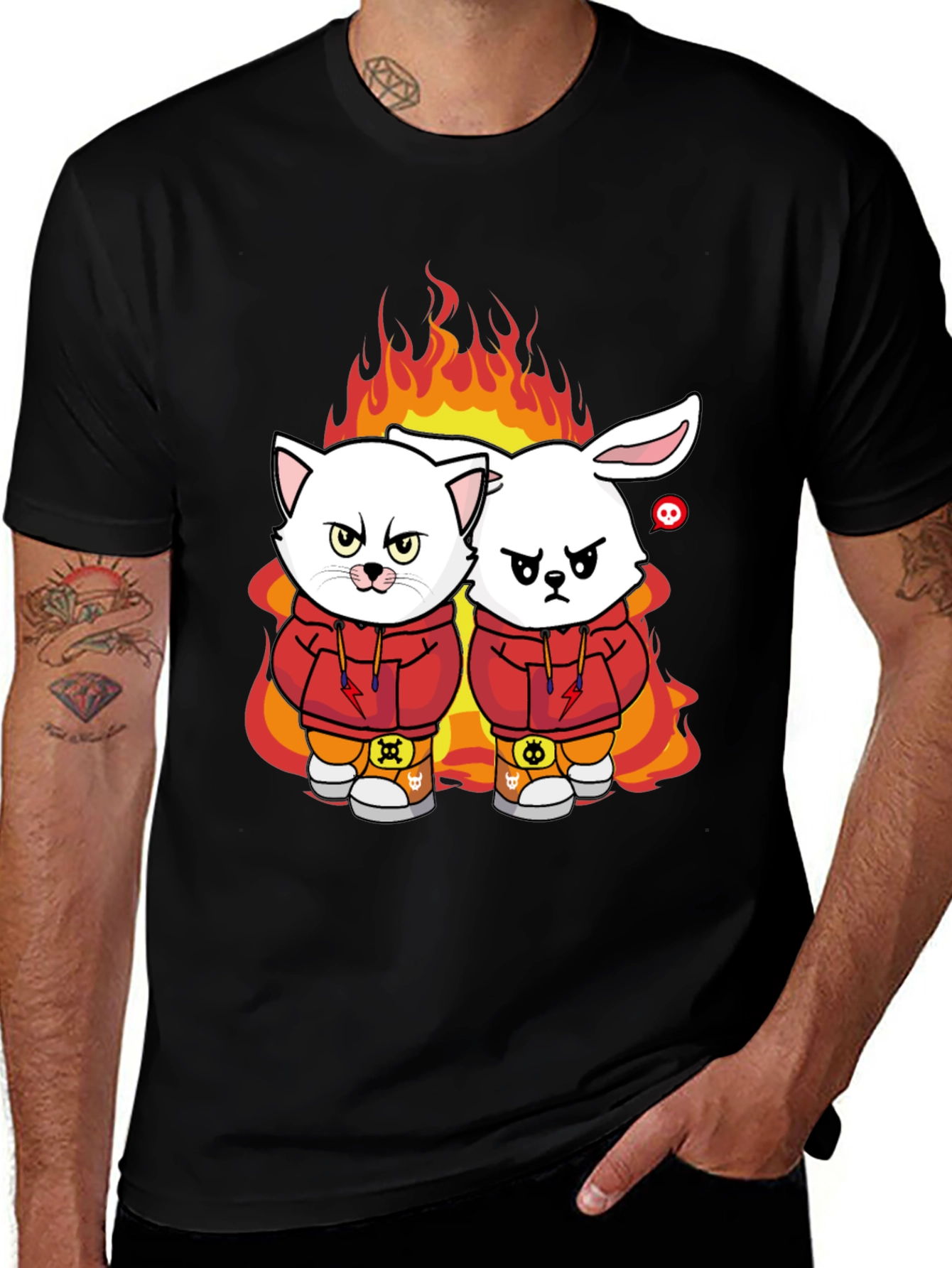 Fiery Friends Graphic Tee - Cat & Rabbit