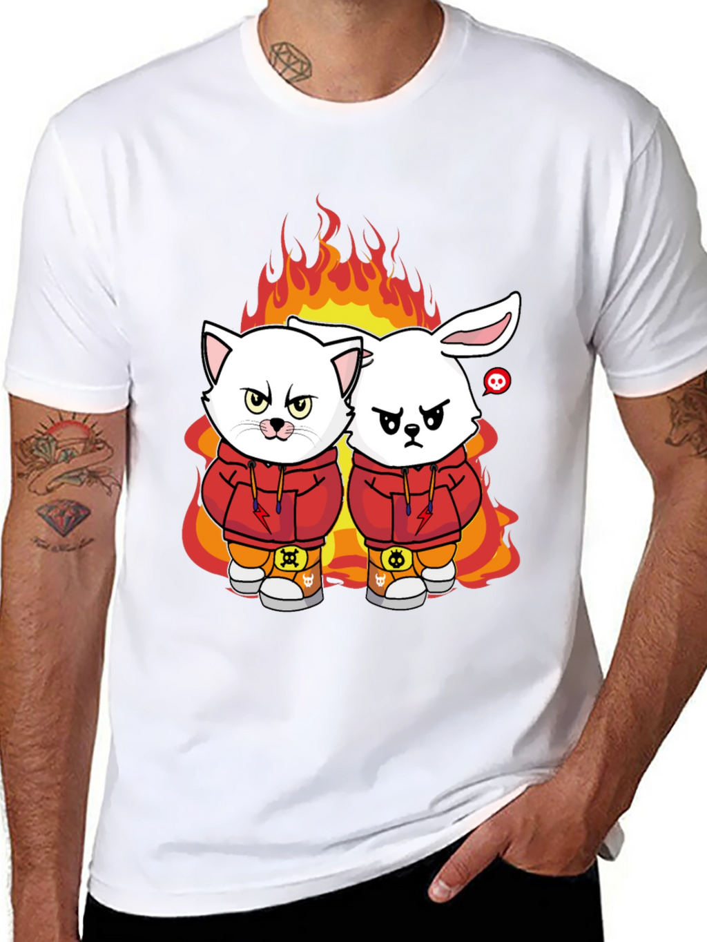Fiery Friends Graphic Tee - Cat & Rabbit