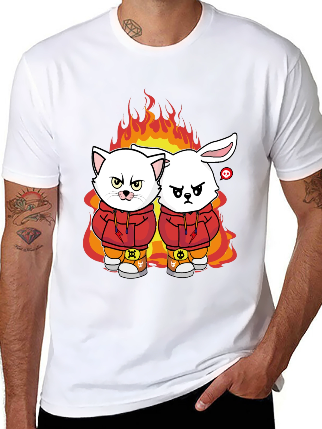 Fiery Friends Graphic Tee - Cat & Rabbit