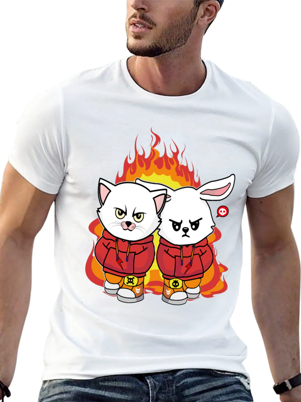 Fiery Friends Graphic Tee - Cat & Rabbit