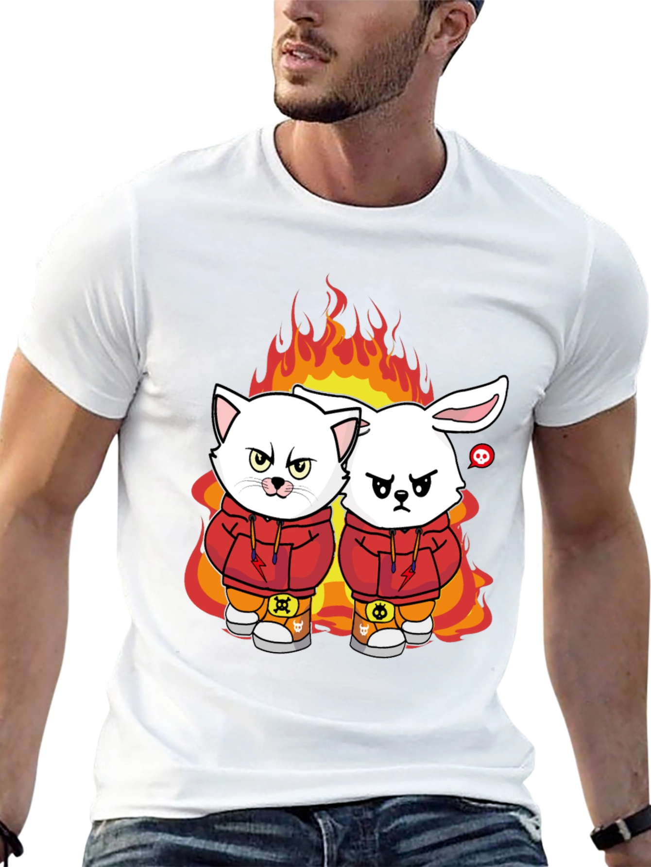 Fiery Friends Graphic Tee - Cat & Rabbit