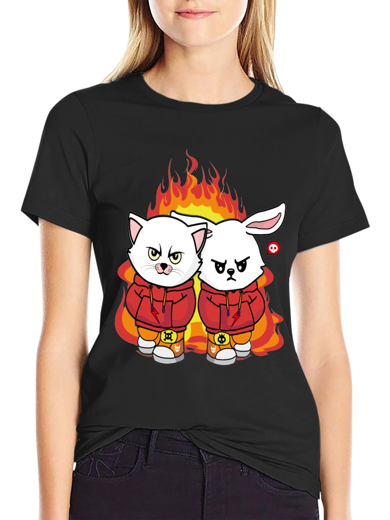 Fiery Friends Graphic Tee - Cat & Rabbit