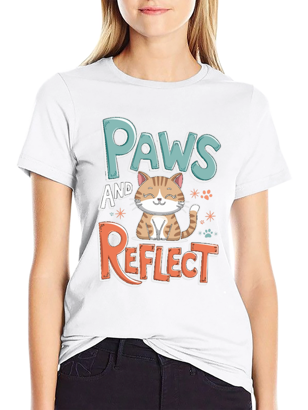 Paws and Reflect Cat Graphic Black T-Shirt