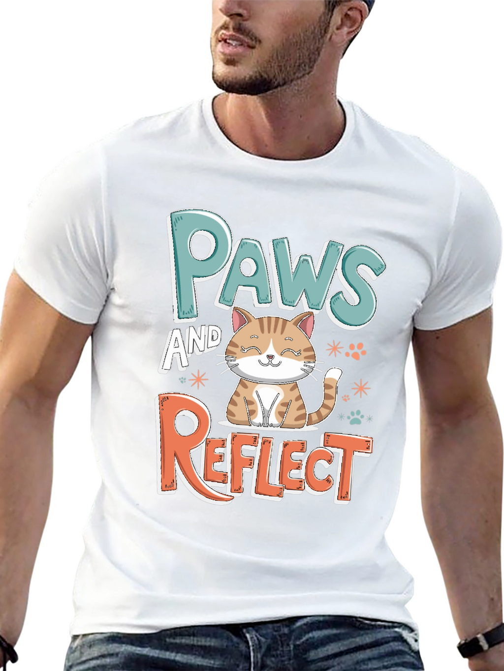 Paws and Reflect Cat Graphic Black T-Shirt