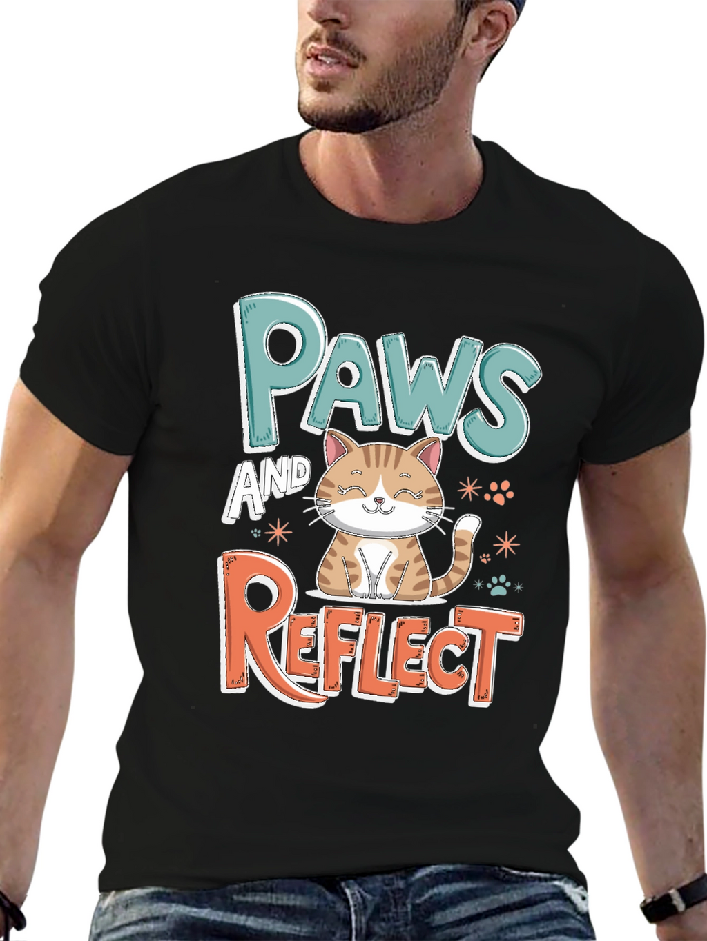 Paws and Reflect Cat Graphic Black T-Shirt
