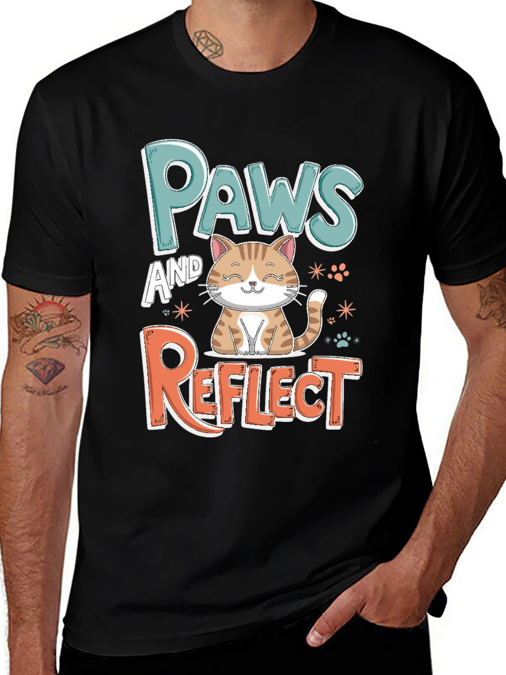 Paws and Reflect Cat Graphic Black T-Shirt