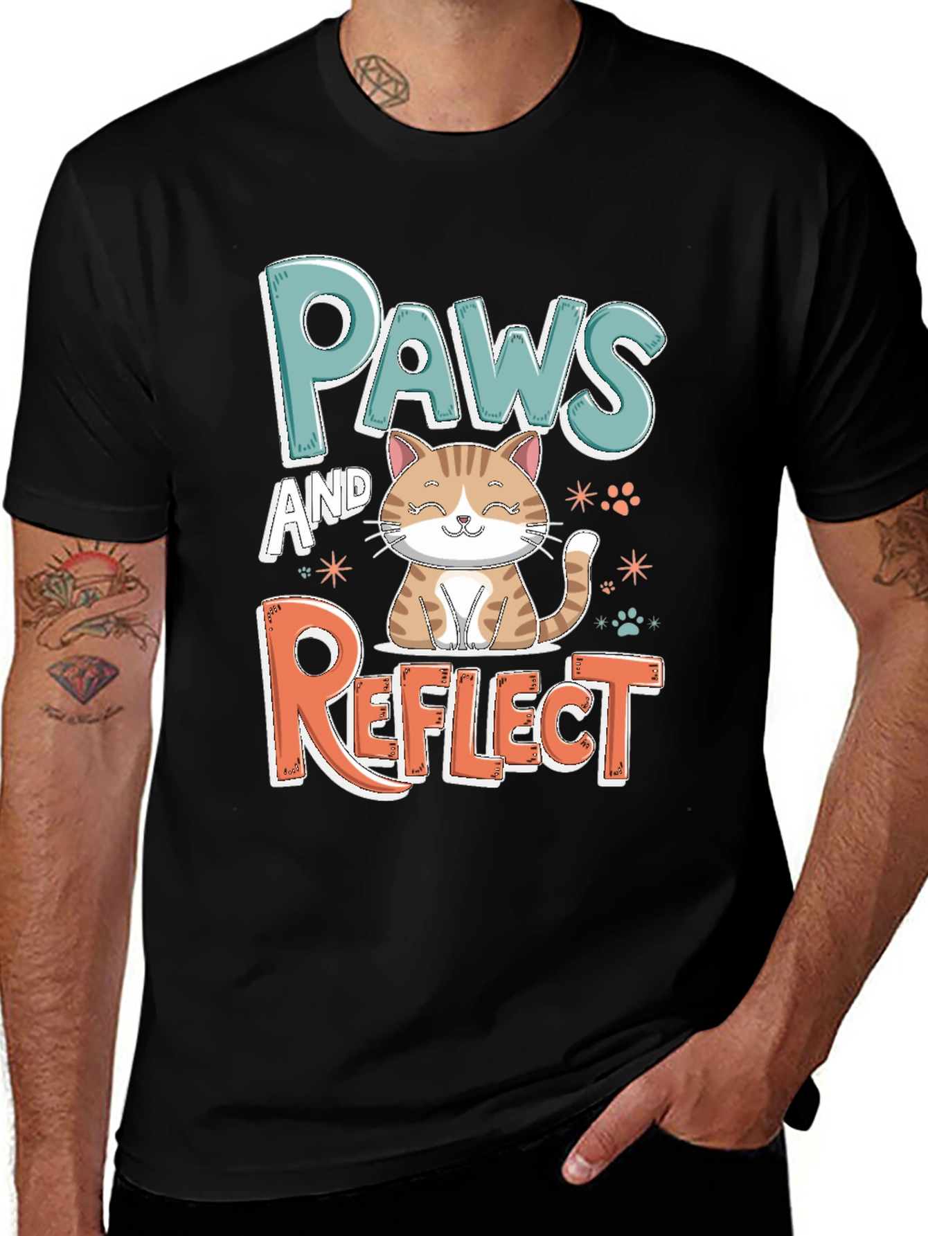 Paws and Reflect Cat Graphic Black T-Shirt