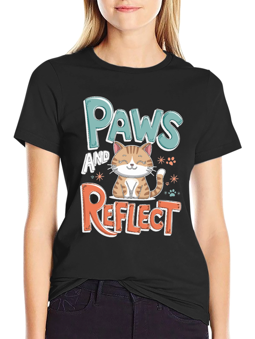 Paws and Reflect Cat Graphic Black T-Shirt