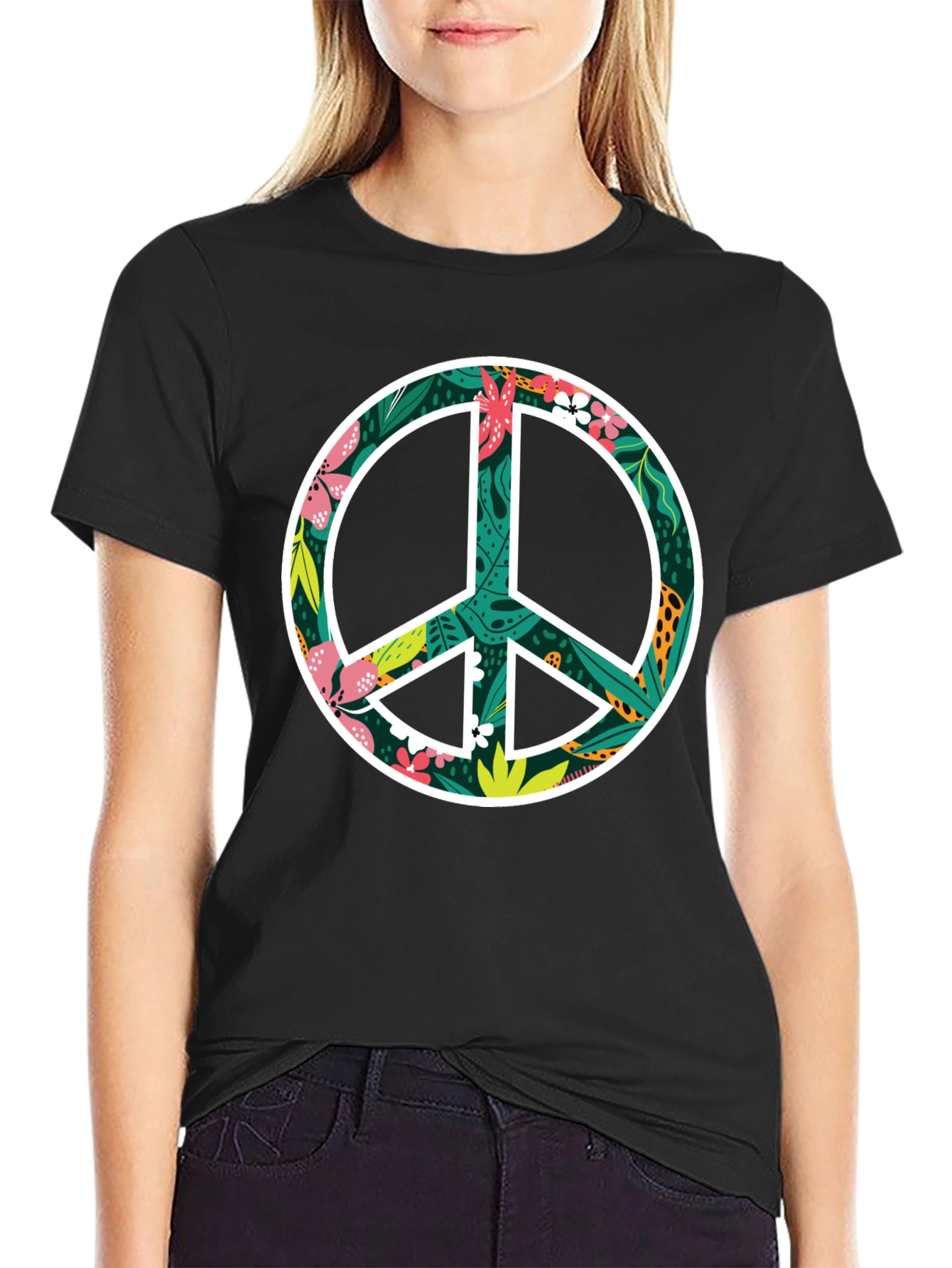 Floral Peace Sign Graphic Black T-Shirt