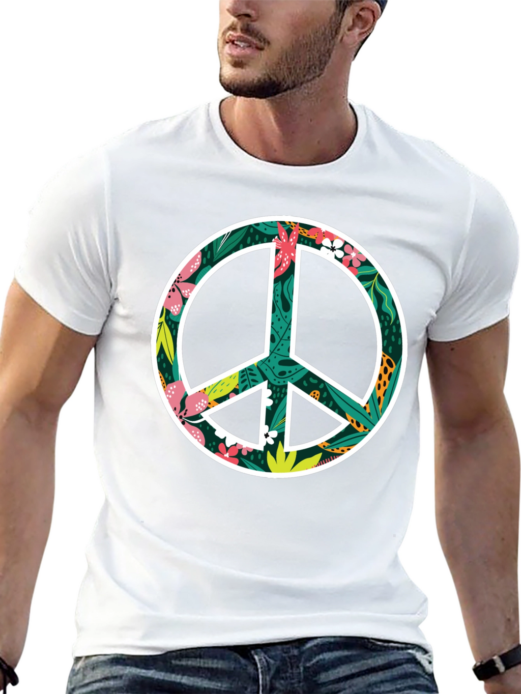 Floral Peace Sign Graphic Black T-Shirt