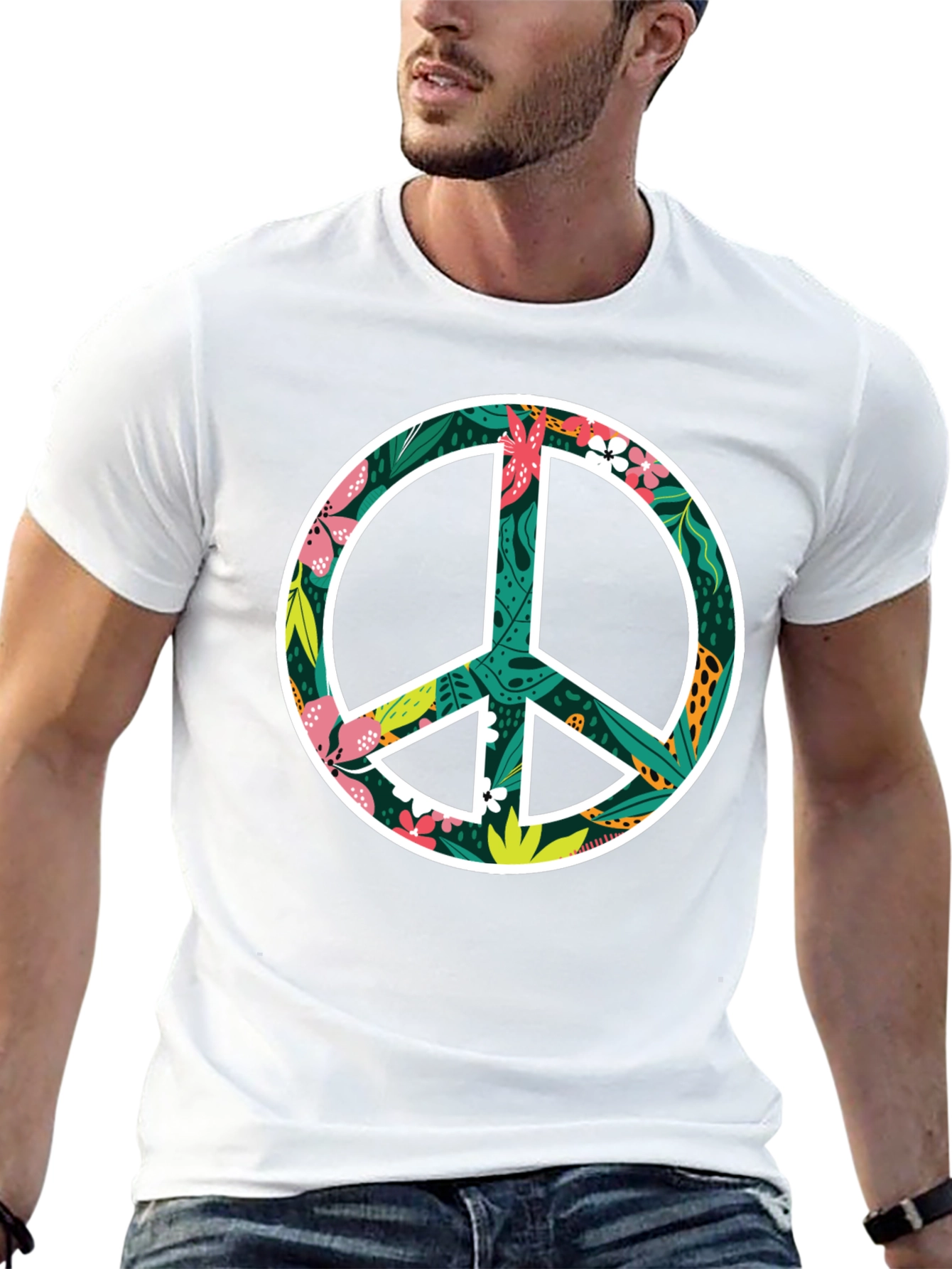 Floral Peace Sign Graphic Black T-Shirt
