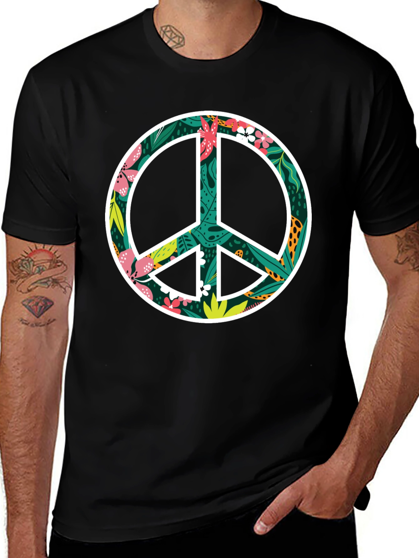 Floral Peace Sign Graphic Black T-Shirt