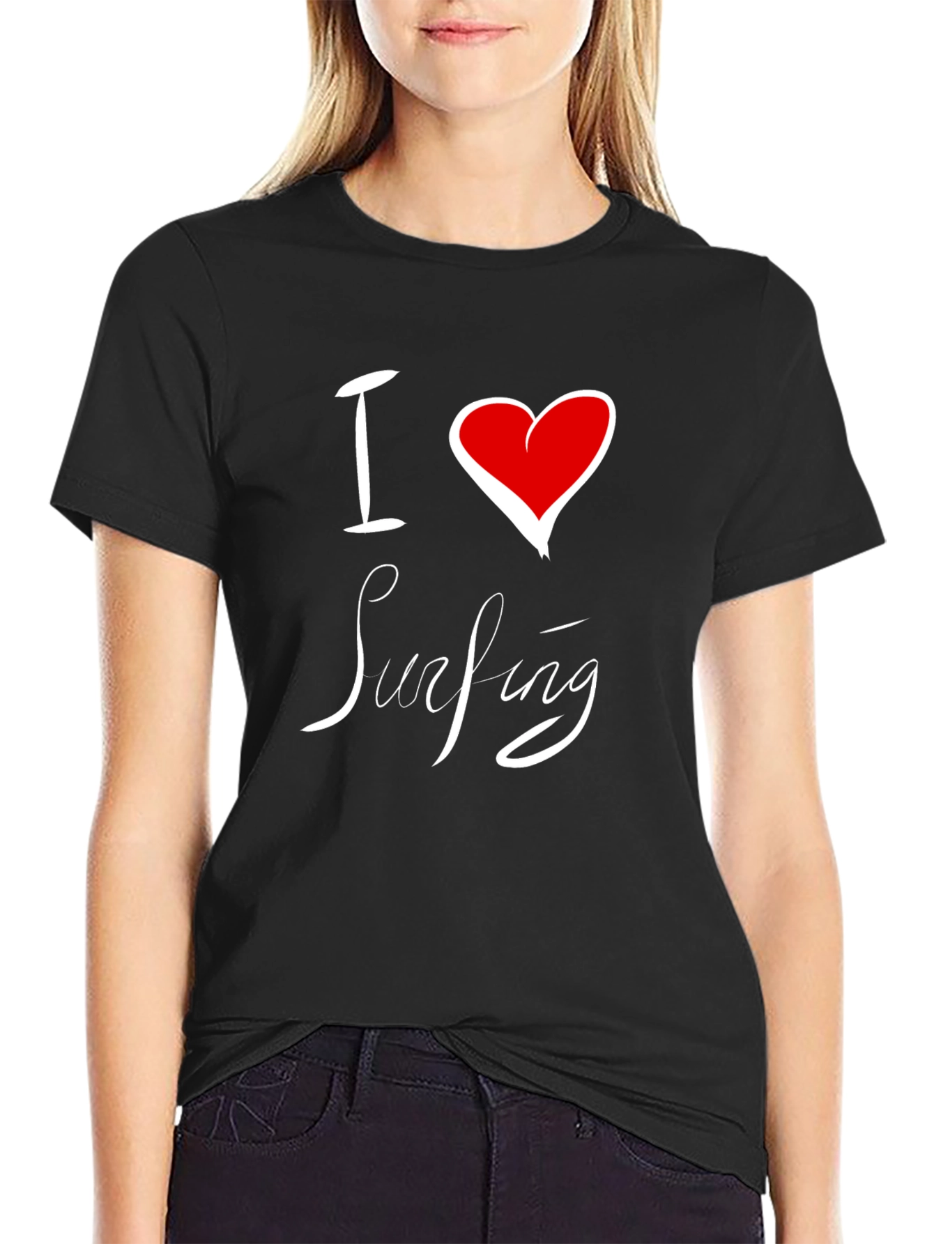 I Love Surfing Black Cotton Tee