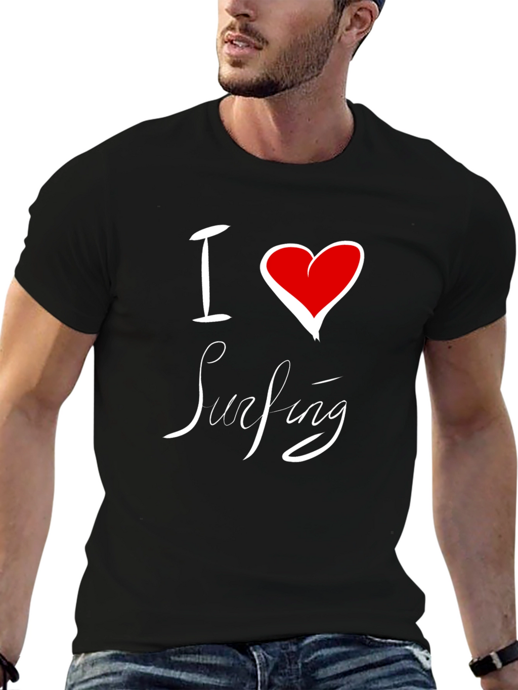 I Love Surfing Black Cotton Tee