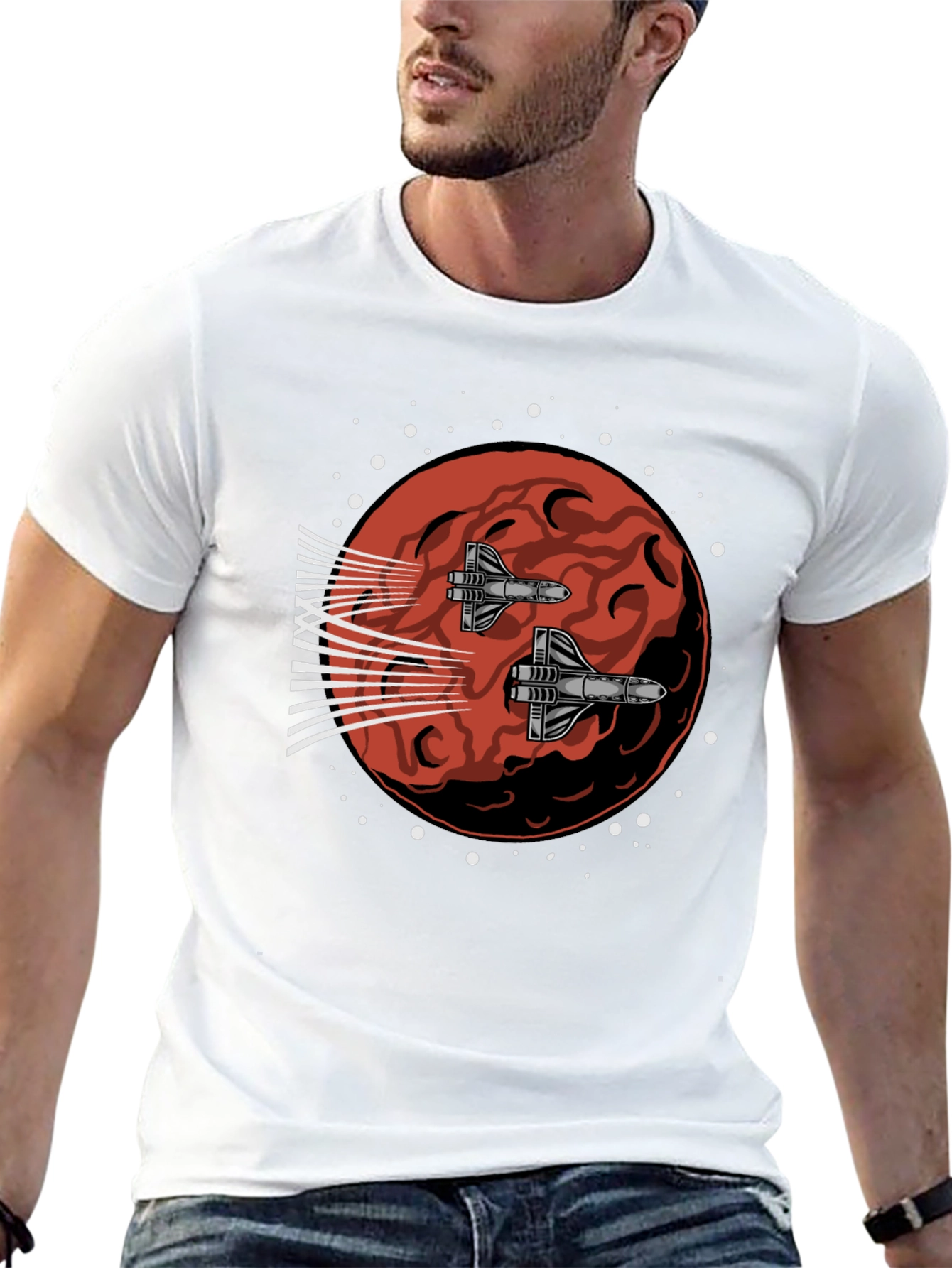 Sci-Fi Spaceship Mars Graphic Tee - Black