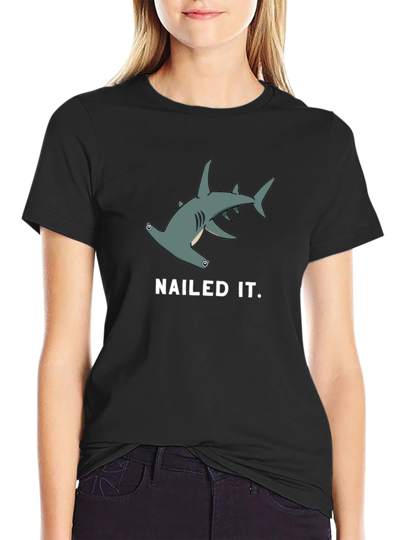 Nailed It! Hammerhead Shark Graphic Tee - Black Cotton