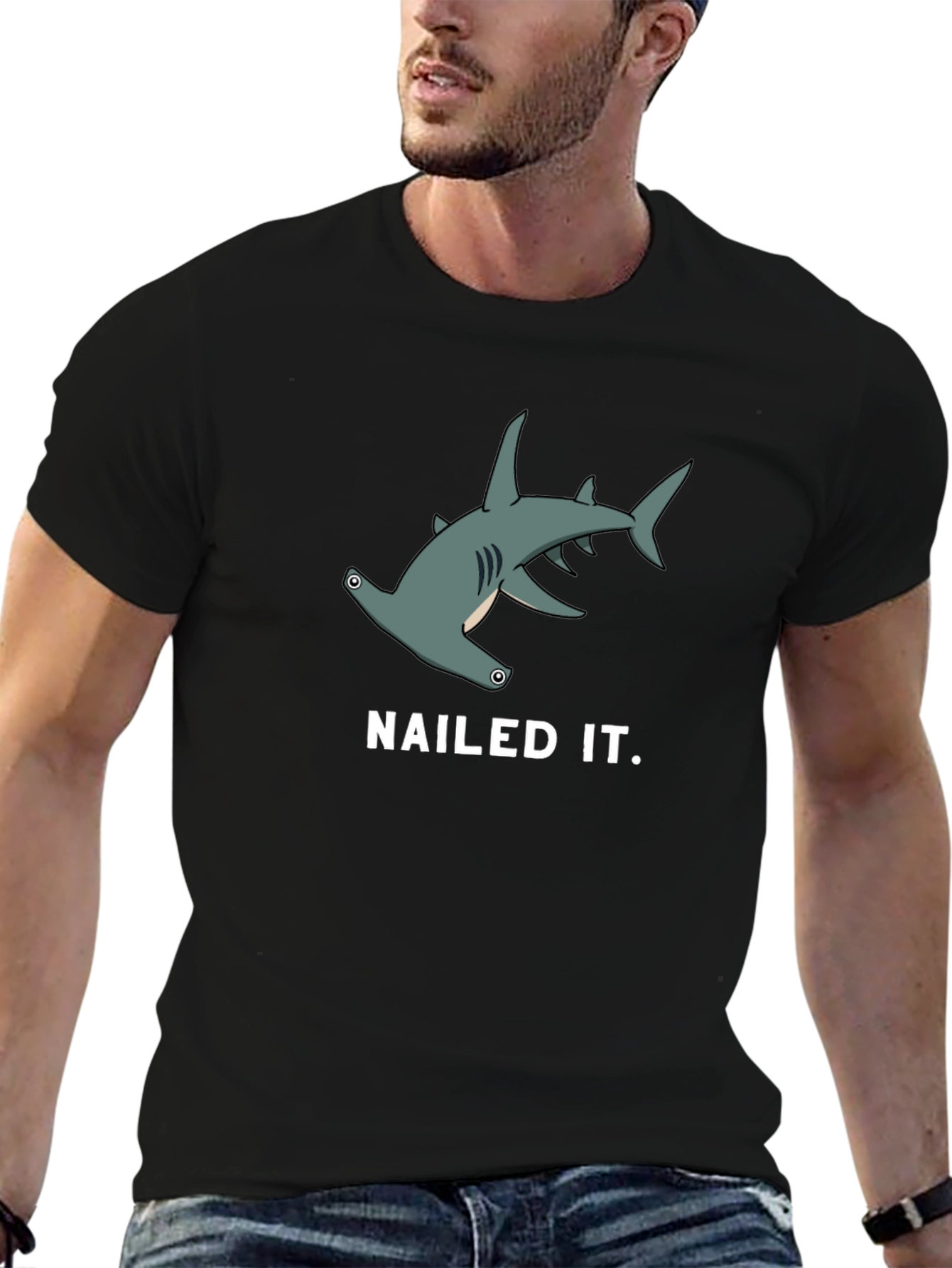 Nailed It! Hammerhead Shark Graphic Tee - Black Cotton